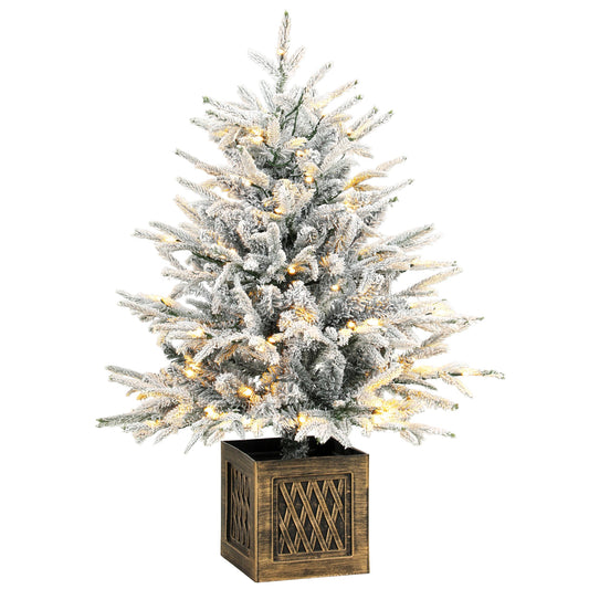 90 cm Prelit Flocked Christmas Tree, Artificial Table Christmas Tree with 70 Warm White LED Lights, 488 Tips, Base Stand, Green White