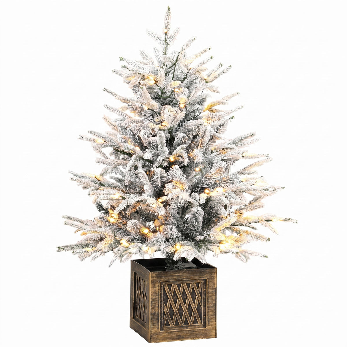 90 cm Prelit Flocked Christmas Tree, Artificial Table Christmas Tree with 70 Warm White LED Lights, 488 Tips, Base Stand, Green White