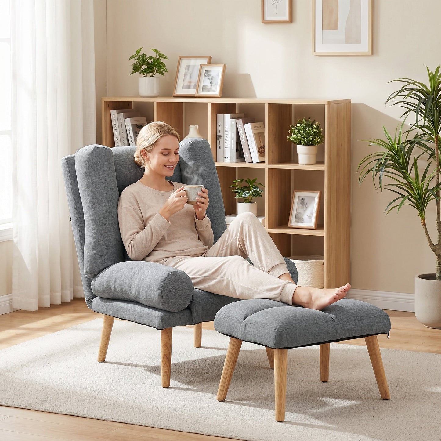 Recliner Chair with Footstool, Linen-Look Fabric Recliner Armchair with Adjustable Backrest, Thick Cushion and Wooden Legs, Reclining Chair for Living Room, Bedroom, Grey