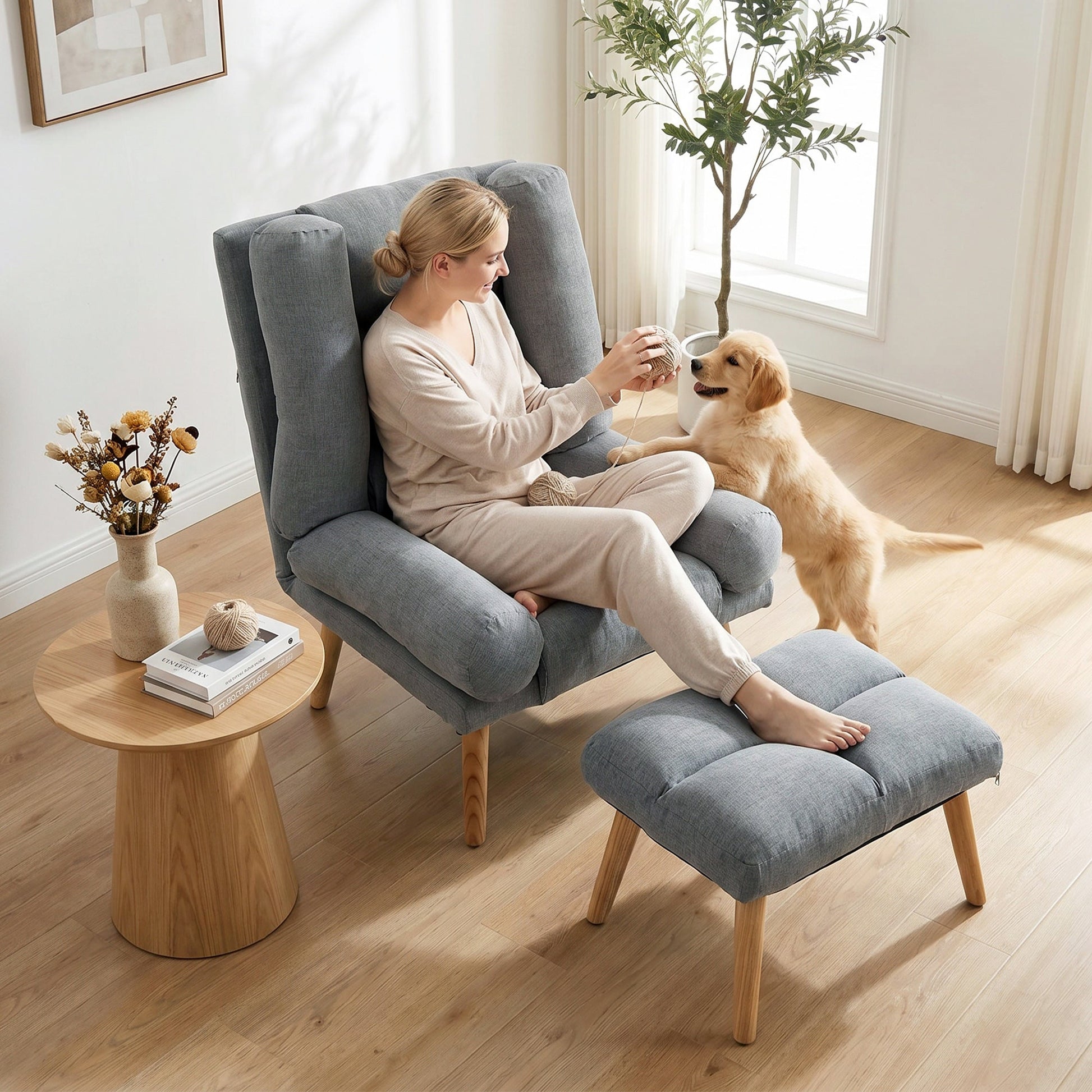 Recliner Chair with Footstool, Linen-Look Fabric Recliner Armchair with Adjustable Backrest, Thick Cushion and Wooden Legs, Reclining Chair for Living Room, Bedroom, Grey