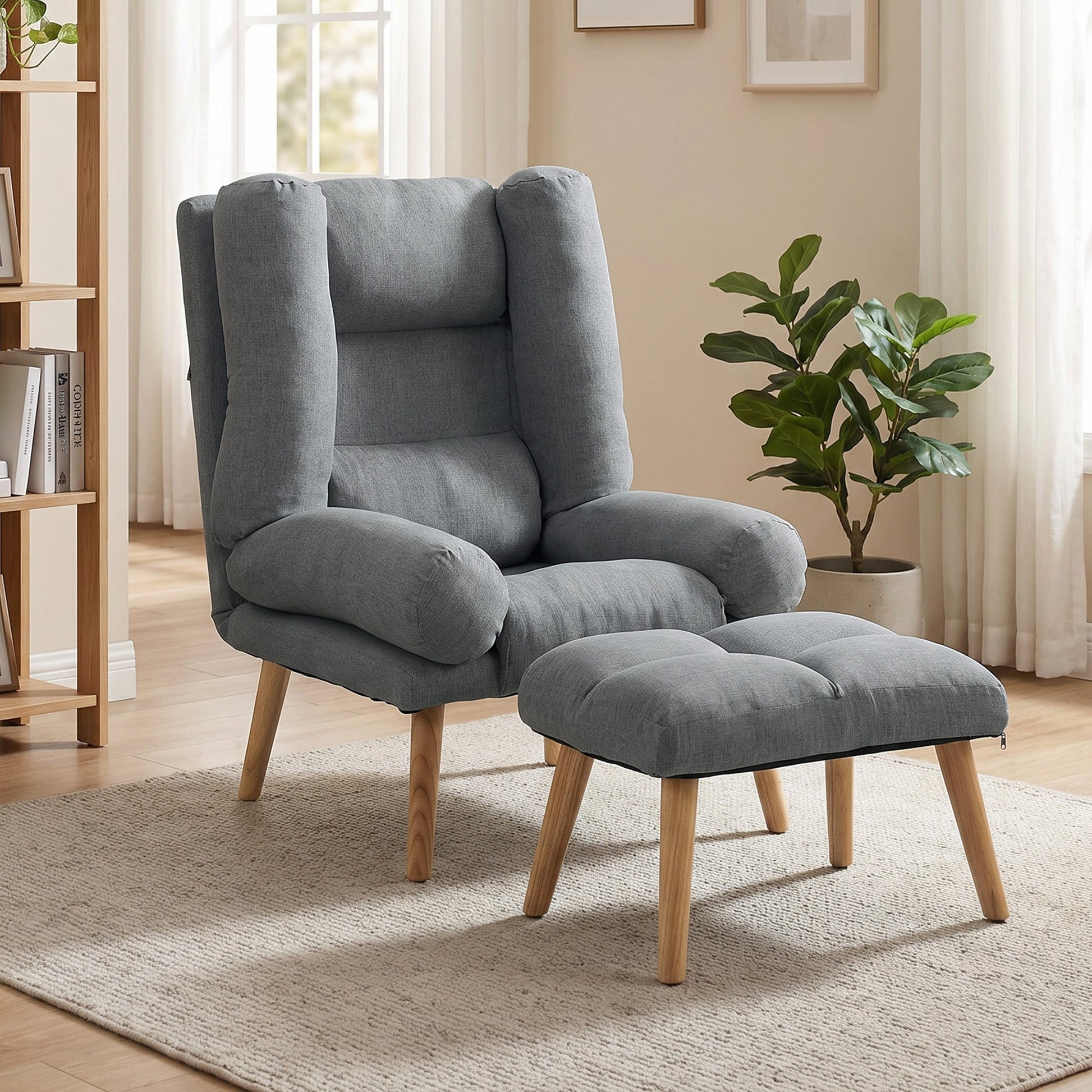 Recliner Chair with Footstool, Linen-Look Fabric Recliner Armchair with Adjustable Backrest, Thick Cushion and Wooden Legs, Reclining Chair for Living Room, Bedroom, Grey