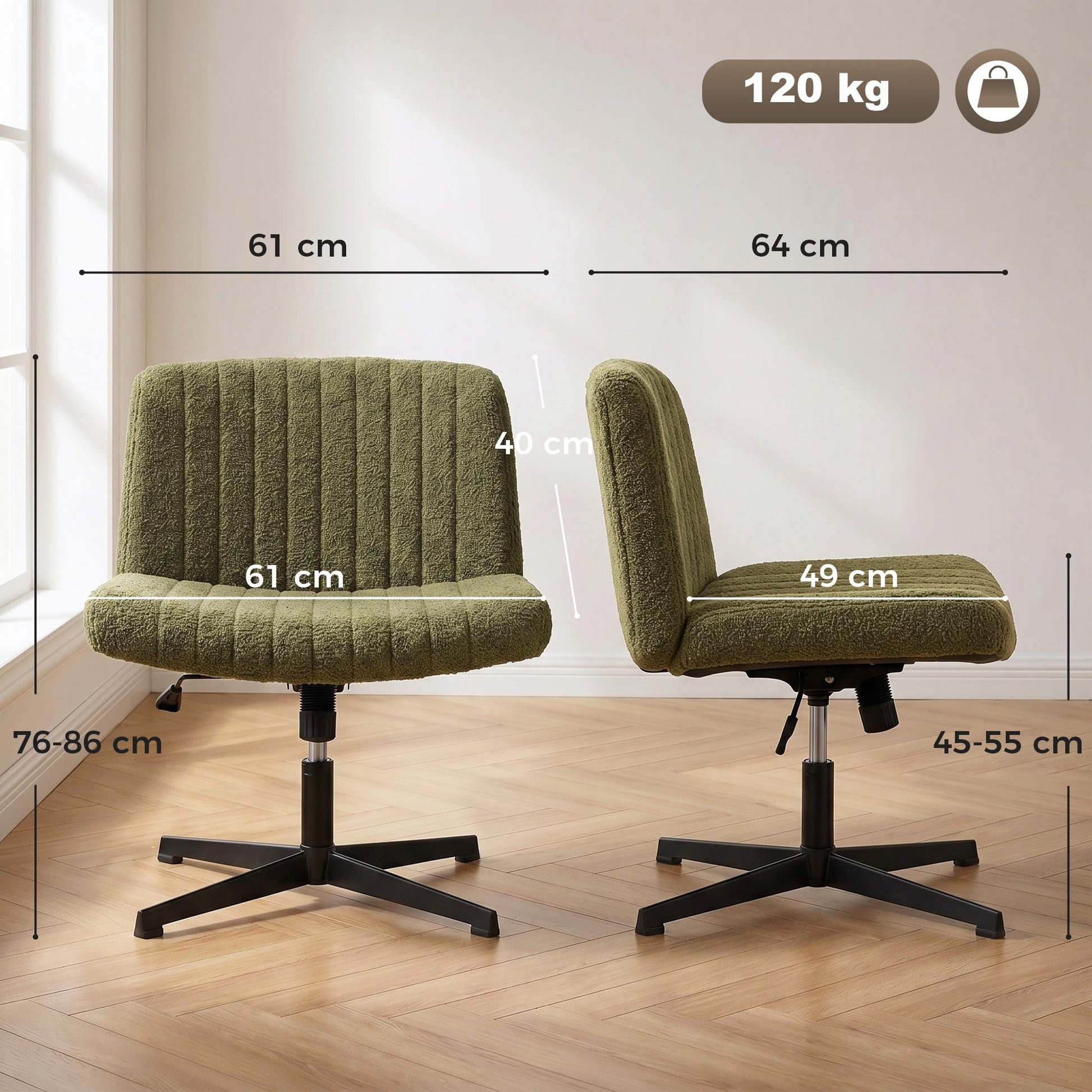 Armless Office Chair No Wheels, Teddy Fleece Criss Cross Legged Desk Chair with Wide Seat, Thick Padding, Rock Function, Height Adjustable Swivel Computer Seat for Home, Green