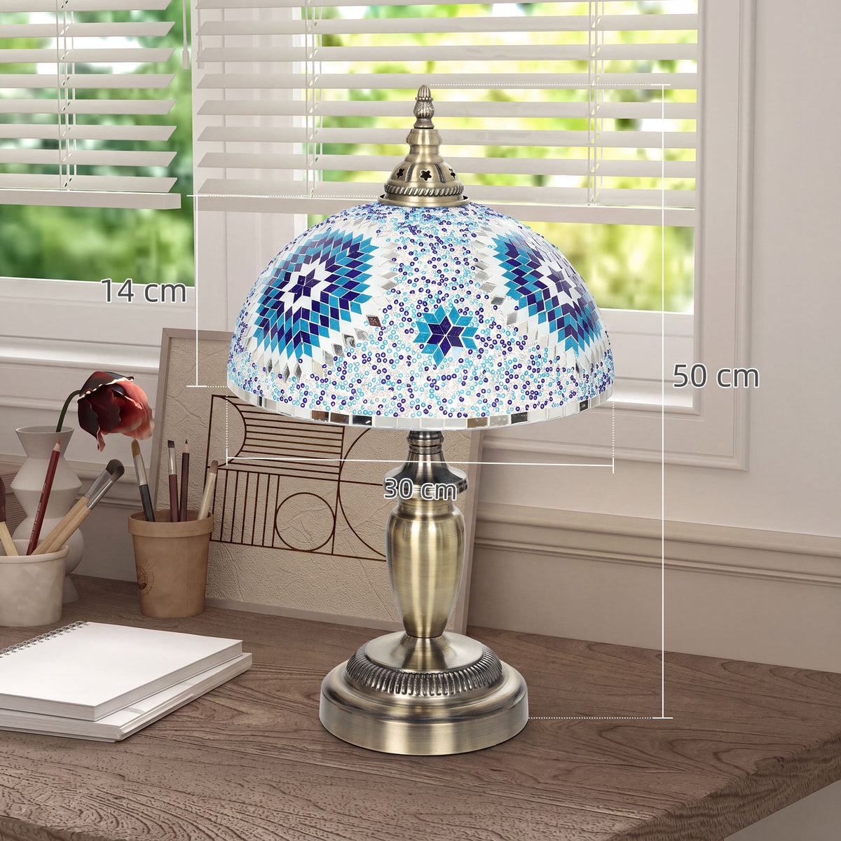 Tiffany Lamp, Stained Glass Bedside Table Lamp with Button Switch and Metal Base for Bedroom, Study and Living Room, 12 x 12 x 20 Inches, Blue