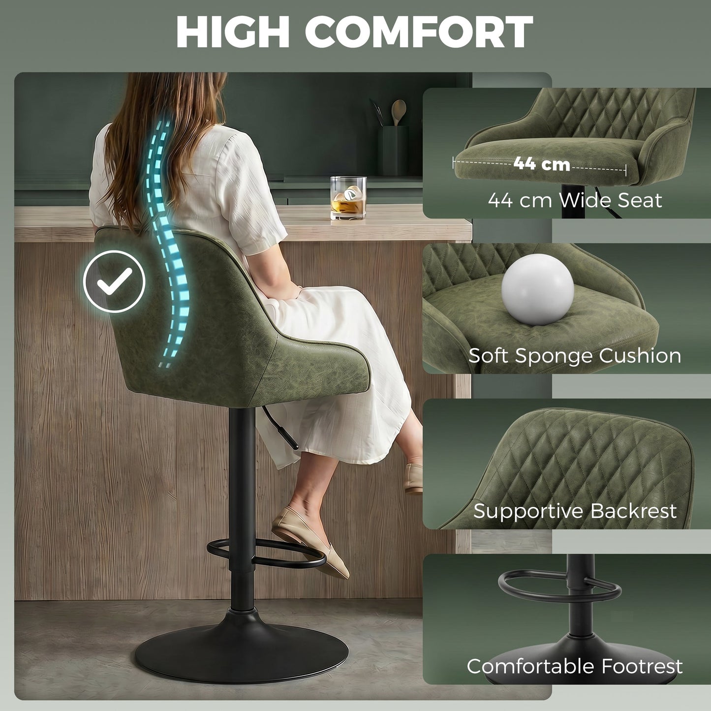 Breakfast Bar Stools Set of 2 with Wide Padded Seat, PU Leather Adjustable Swivel Bar Chairs, Modern Barstools with Footrest for Kitchen Island Counter, Home Bar, Dark Green