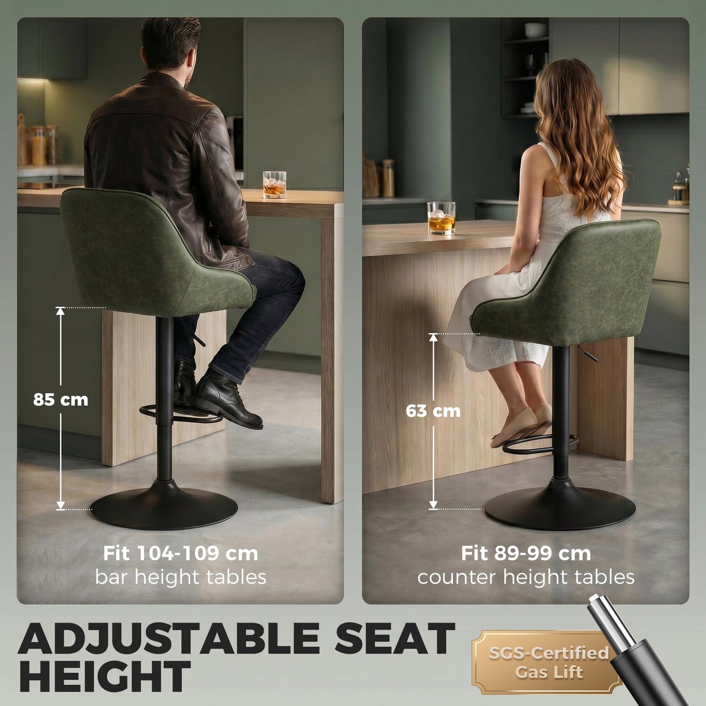 Breakfast Bar Stools Set of 2 with Wide Padded Seat, PU Leather Adjustable Swivel Bar Chairs, Modern Barstools with Footrest for Kitchen Island Counter, Home Bar, Dark Green