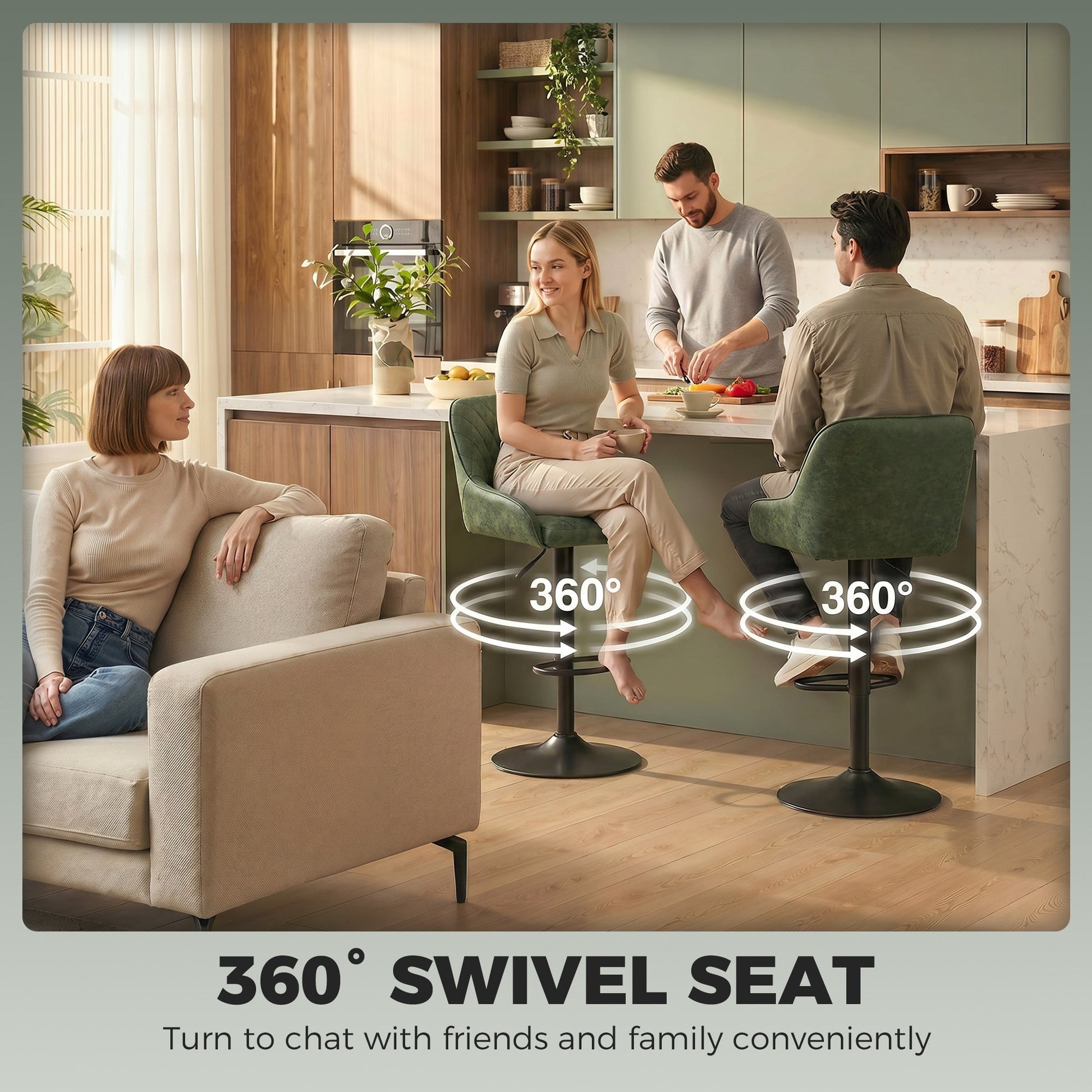 Breakfast Bar Stools Set of 2 with Wide Padded Seat, PU Leather Adjustable Swivel Bar Chairs, Modern Barstools with Footrest for Kitchen Island Counter, Home Bar, Dark Green