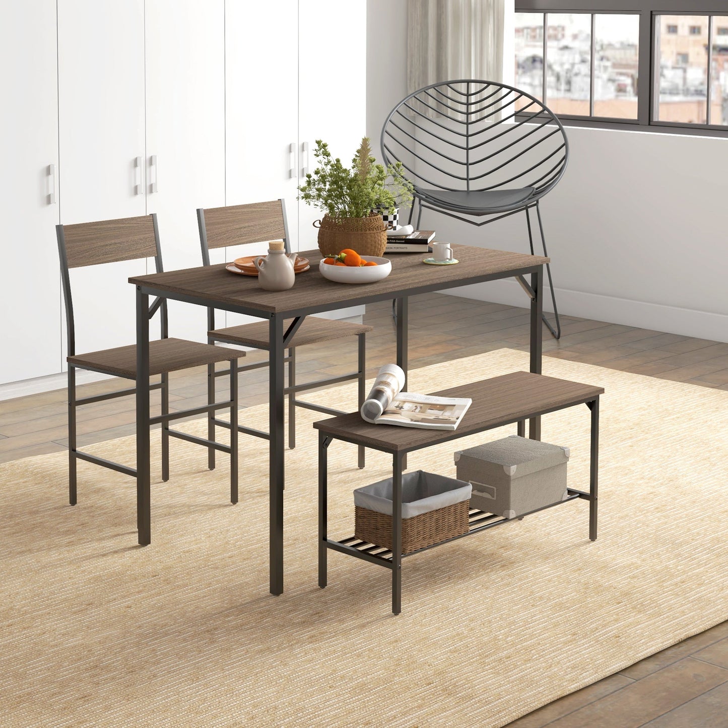 HOMCOM 4 Piece Dining Table and Chairs Set, Industrial Kitchen Table Set of 4 with 2 Chairs and Bench, Space Saving Table and Chairs with Shelf for Small Spaces, Grey