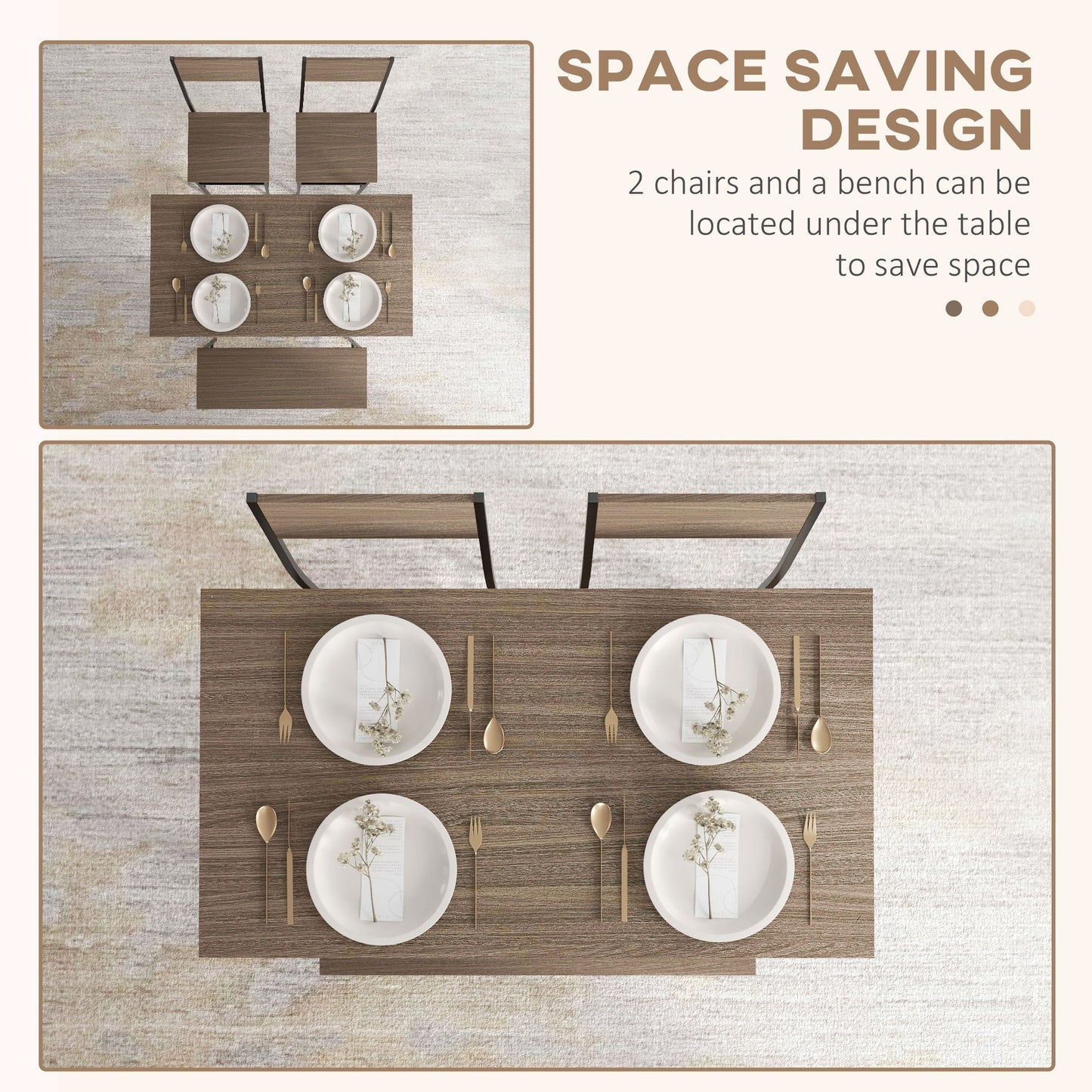 HOMCOM 4 Piece Dining Table and Chairs Set, Industrial Kitchen Table Set of 4 with 2 Chairs and Bench, Space Saving Table and Chairs with Shelf for Small Spaces, Grey
