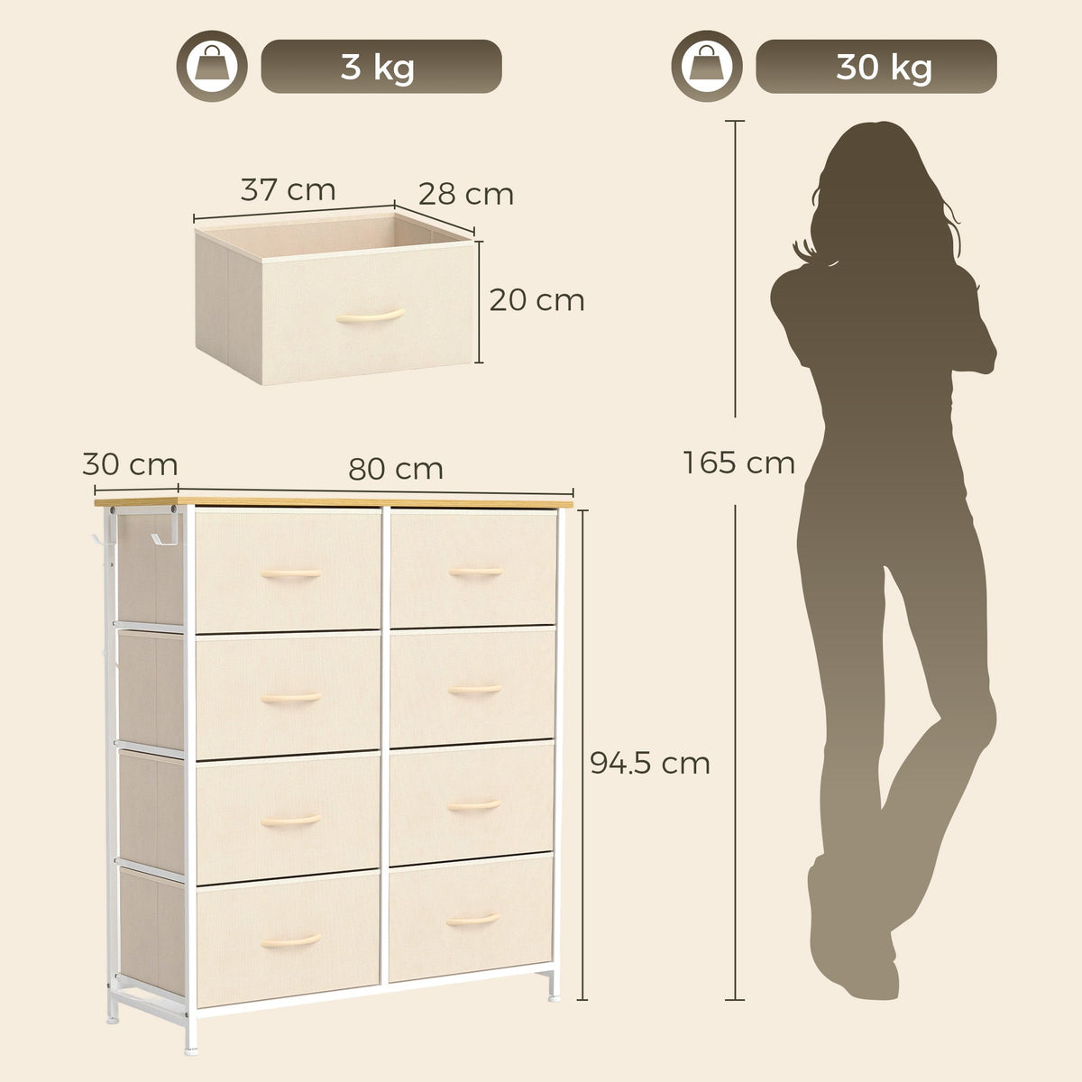 Chest of Drawers, Dresser for Bedroom with 8 Fabric Drawers, Tall Storage Unit with 4 Pockets, 2 Hooks and Steel Frame for Living Room, Hallway, Beige
