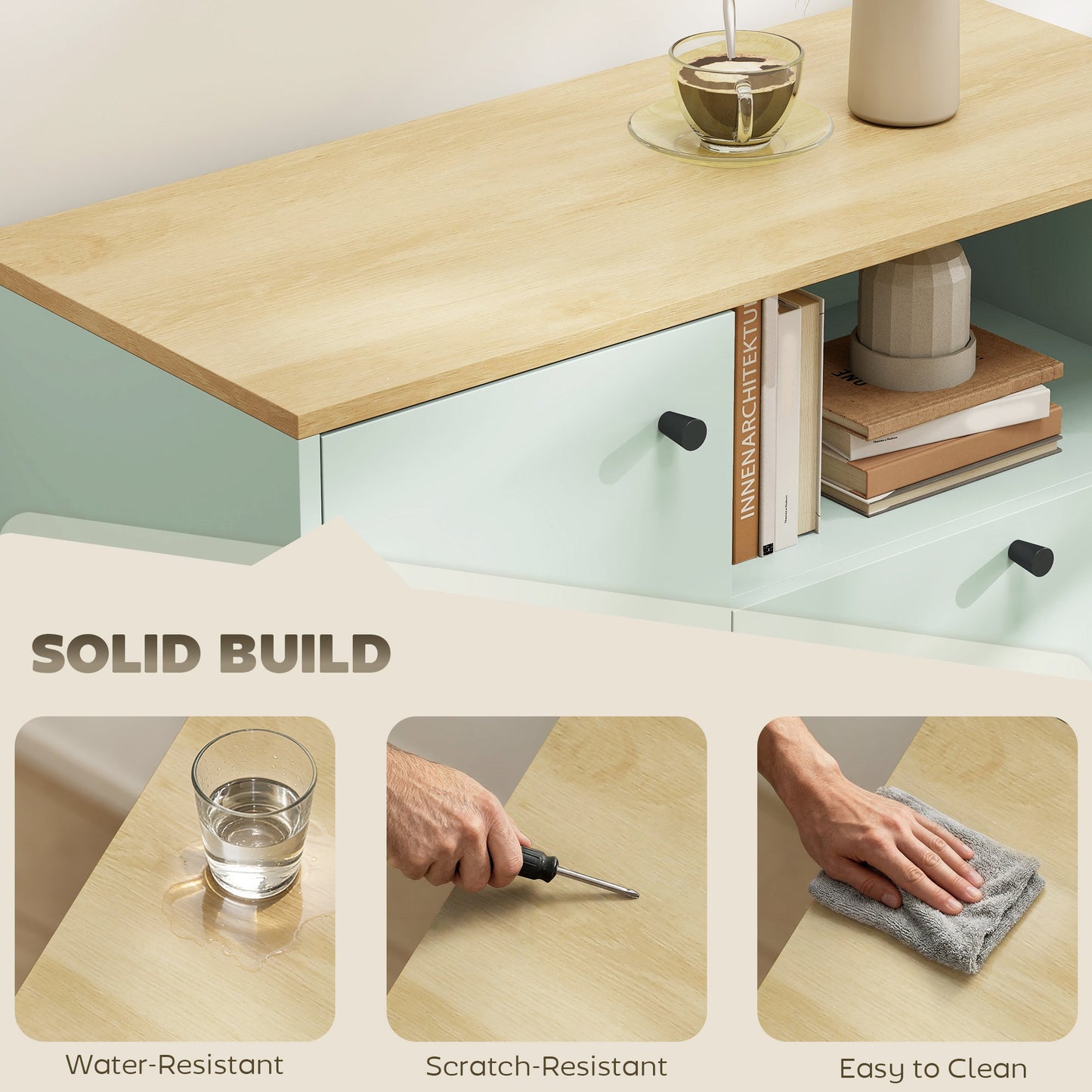 Sideboard Storage Cabinet, 80 cm Modern Buffet Cabinet with Door, 2 Drawers, Open Compartment and Adjustable Shelf for Living Room, Dining Room, Kitchen, Light Green and Oak