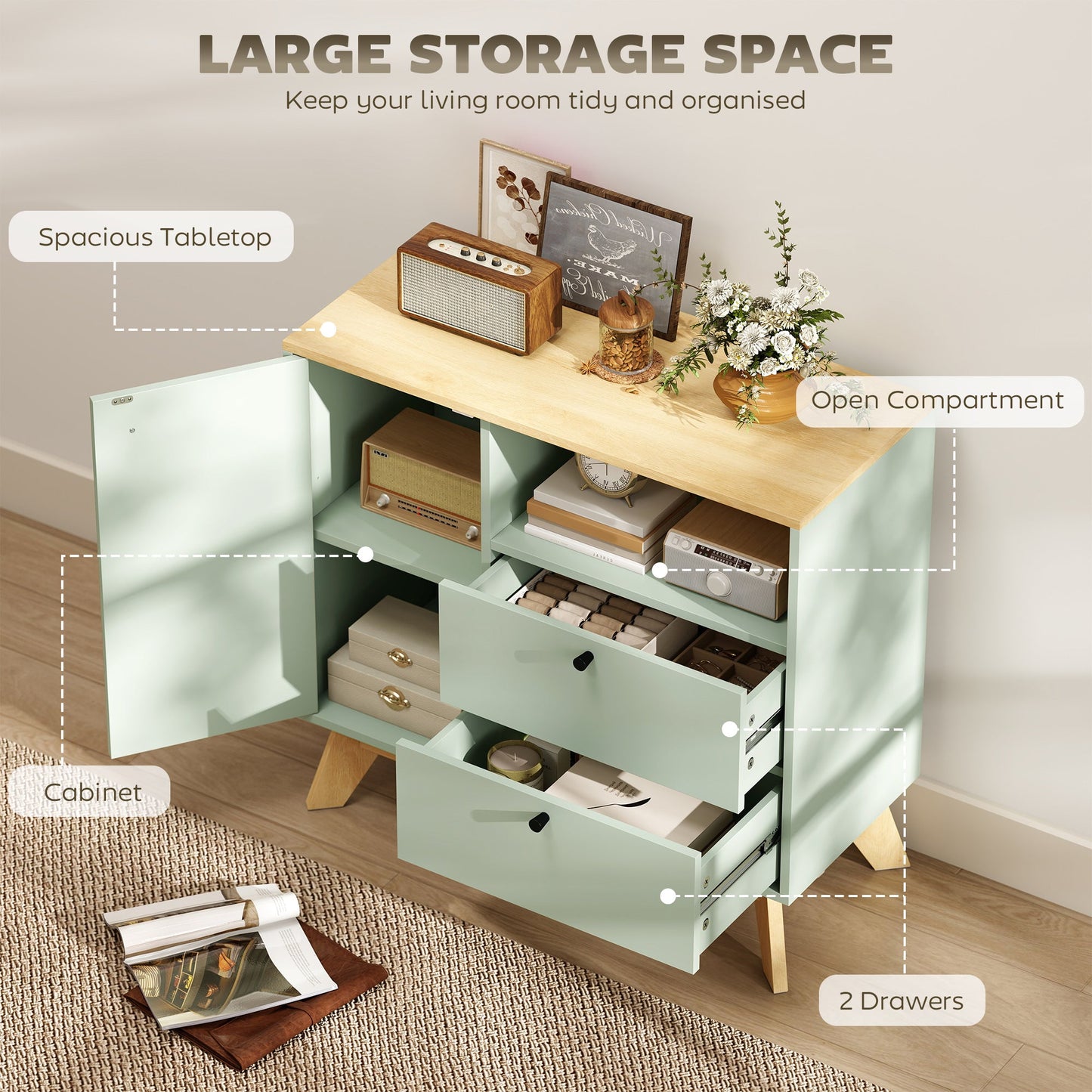 Sideboard Storage Cabinet, 80 cm Modern Buffet Cabinet with Door, 2 Drawers, Open Compartment and Adjustable Shelf for Living Room, Dining Room, Kitchen, Light Green and Oak