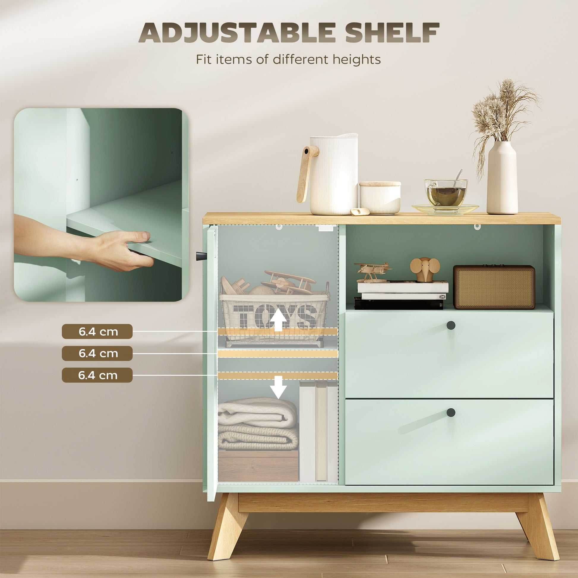 Sideboard Storage Cabinet, 80 cm Modern Buffet Cabinet with Door, 2 Drawers, Open Compartment and Adjustable Shelf for Living Room, Dining Room, Kitchen, Light Green and Oak
