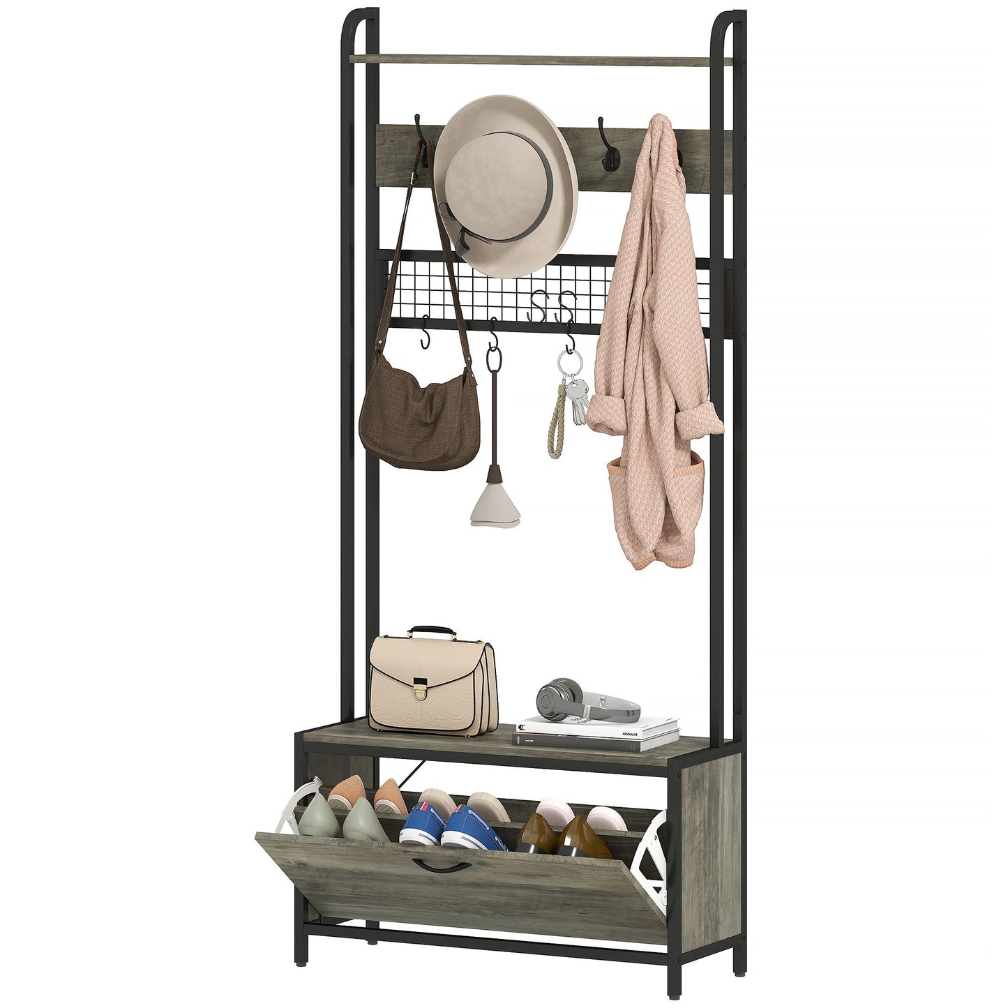 Coat Rack with Shoe Storage Bench and Grid Panel, Hall Tree, 5-In-1 Industrial Coat Rack Stand with Shoe Cabinet and 10 Hooks for Hallway, Entryway, Living Room, Grey