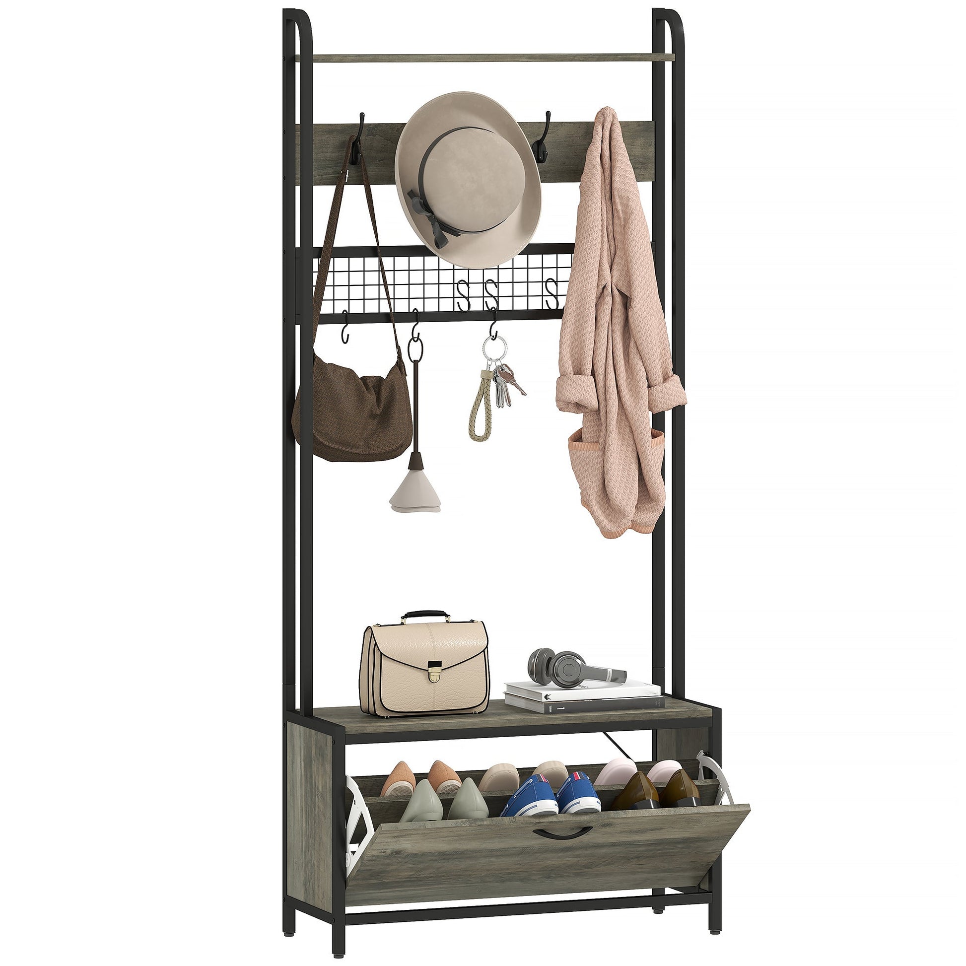 Coat Rack with Shoe Storage Bench and Grid Panel, Hall Tree, 5-In-1 Industrial Coat Rack Stand with Shoe Cabinet and 10 Hooks for Hallway, Entryway, Living Room, Grey