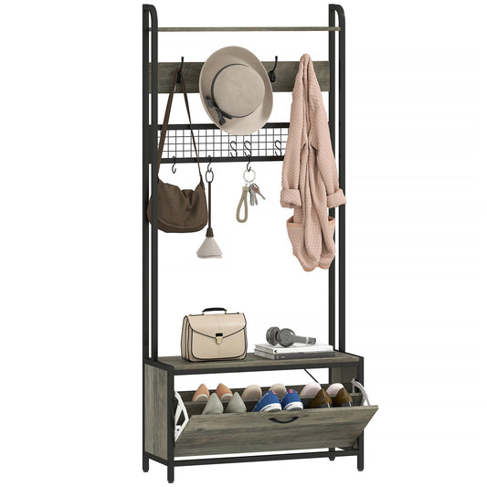 Coat Rack with Shoe Storage Bench and Grid Panel, Hall Tree, 5-In-1 Industrial Coat Rack Stand with Shoe Cabinet and 10 Hooks for Hallway, Entryway, Living Room, Grey