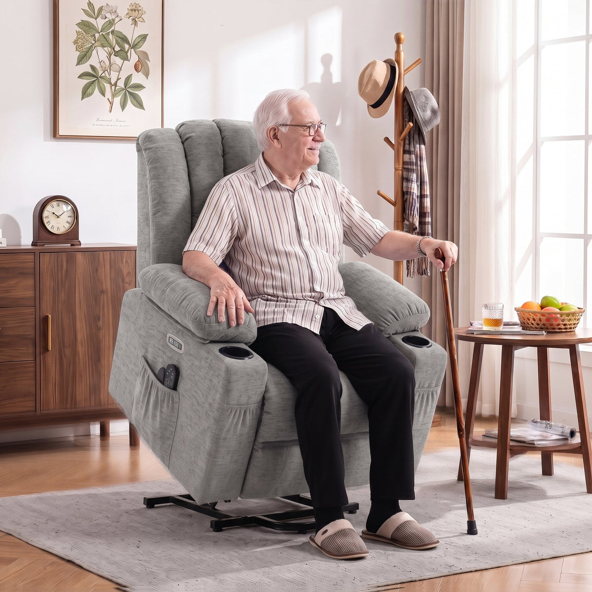 Oversized Riser Recliner Chair with Vibration Massage and Heat, Electric Power Lift Recliner for Elderly w/ Wide Seat and Back, Spring Cushion, USB Port, Side Pockets, Chenille Armchair, Grey
