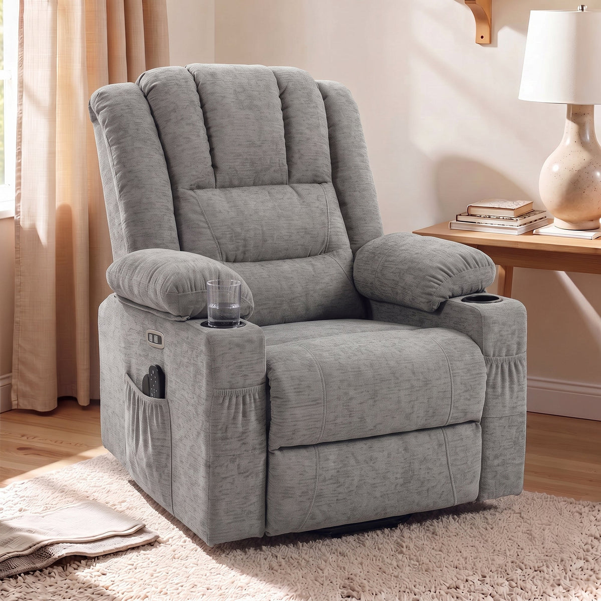 Oversized Riser Recliner Chair with Vibration Massage and Heat, Electric Power Lift Recliner for Elderly w/ Wide Seat and Back, Spring Cushion, USB Port, Side Pockets, Chenille Armchair, Grey