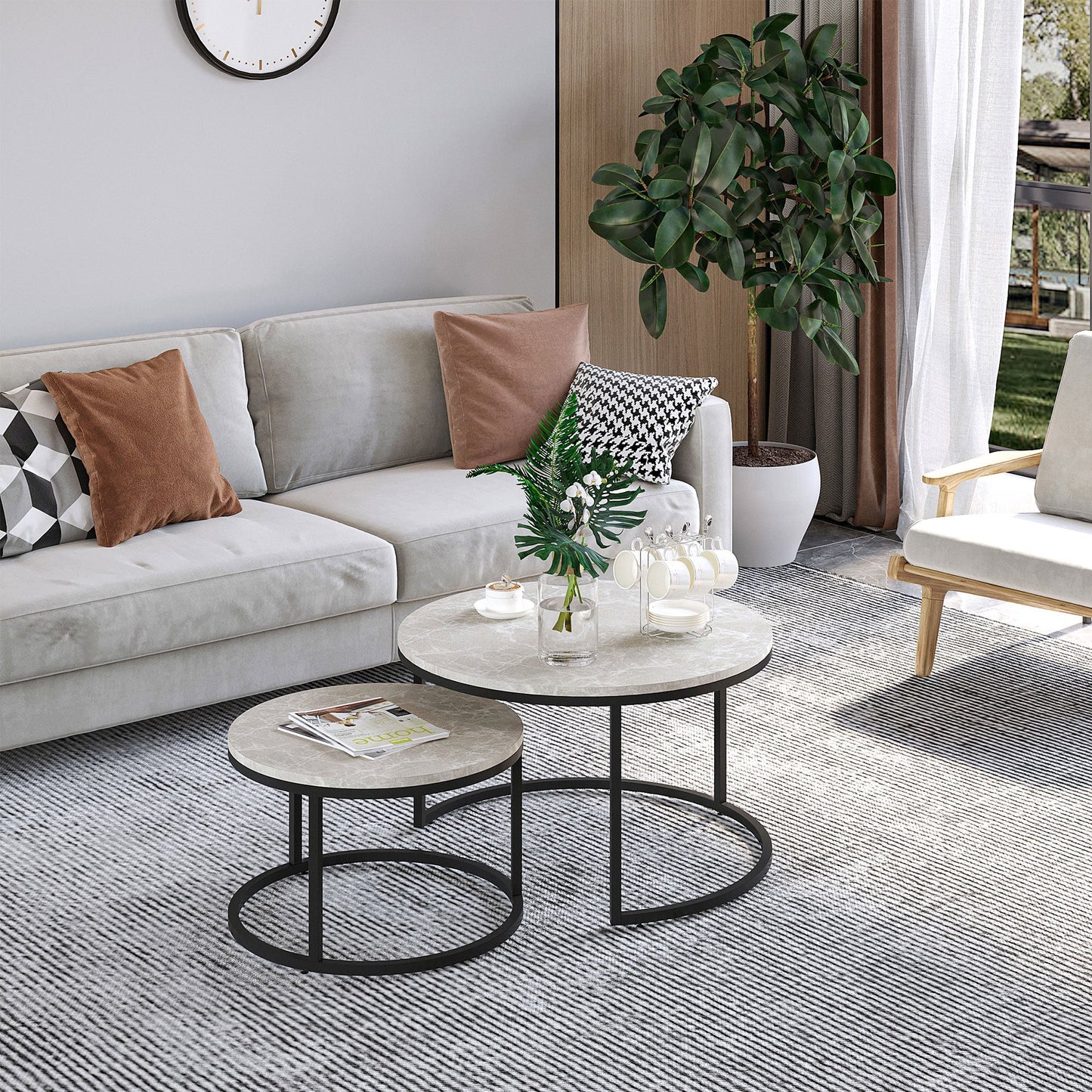 HOMCOM Nest of Tables, Round Coffee Table Set of 2,  Coffee Tables with Steel Frame for Living Room, Marble Grey