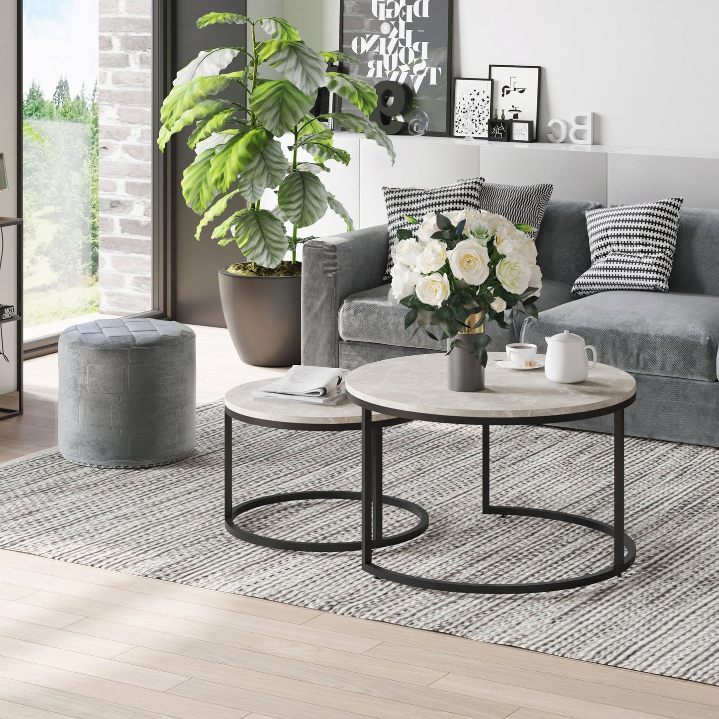 HOMCOM Nest of Tables, Round Coffee Table Set of 2,  Coffee Tables with Steel Frame for Living Room, Marble Grey