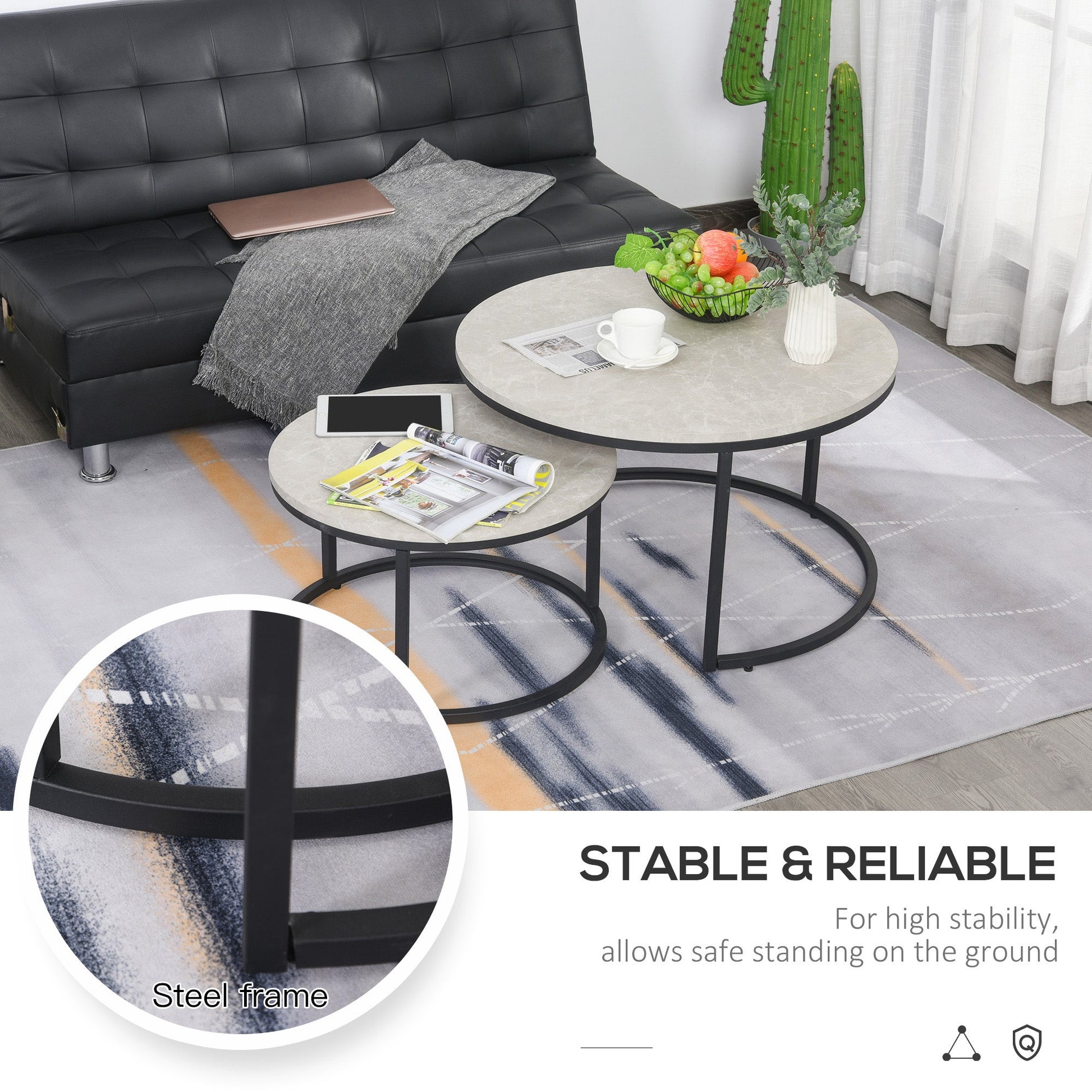 HOMCOM Nest of Tables, Round Coffee Table Set of 2,  Coffee Tables with Steel Frame for Living Room, Marble Grey