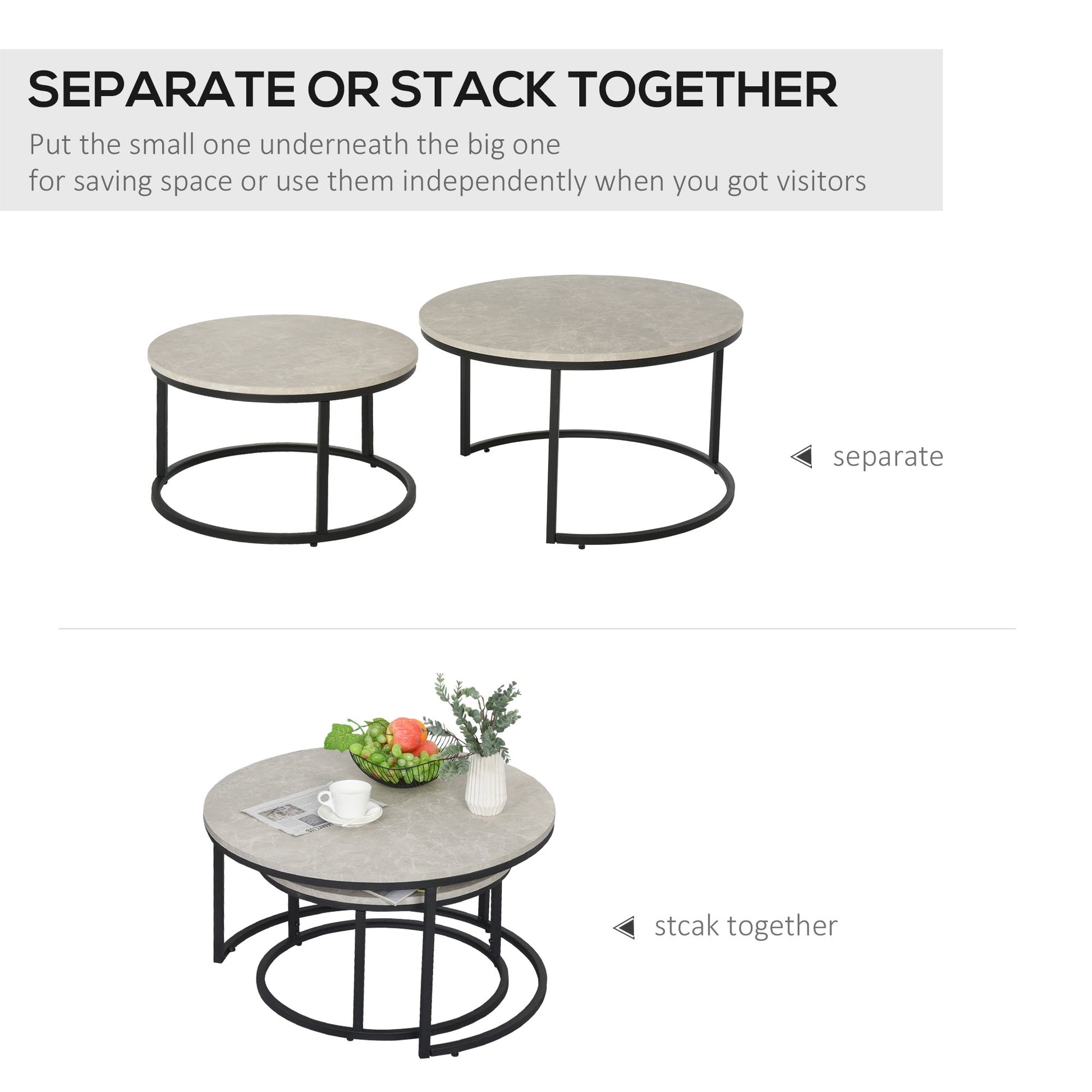 HOMCOM Nest of Tables, Round Coffee Table Set of 2,  Coffee Tables with Steel Frame for Living Room, Marble Grey