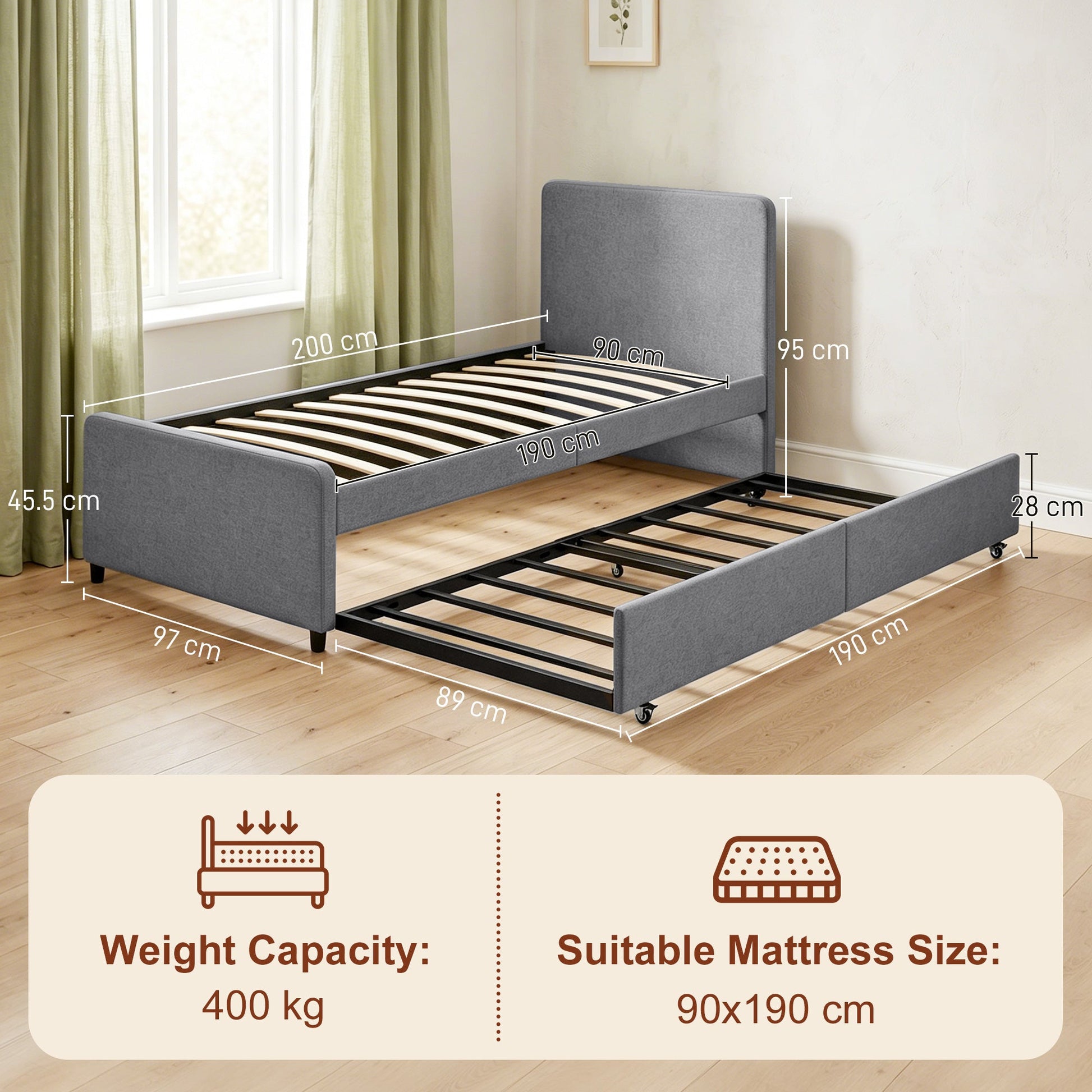 3ft Single Bed Frame with Trundle, Upholstered Pull Out Trundle Bed with Headboard and Footboard for Adults & Teenagers, 90 x 190 cm, No Mattress, Dark Grey