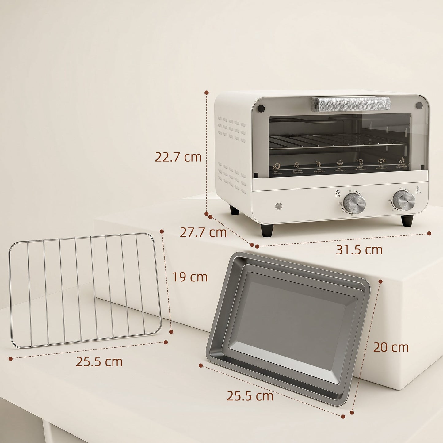 Small Toaster Oven, 12L Multifunction Mini Countertop Oven with Glass Door, Adjustable Temperature, Timer, Wire Rack & Baking Tray, 750W, Cream White