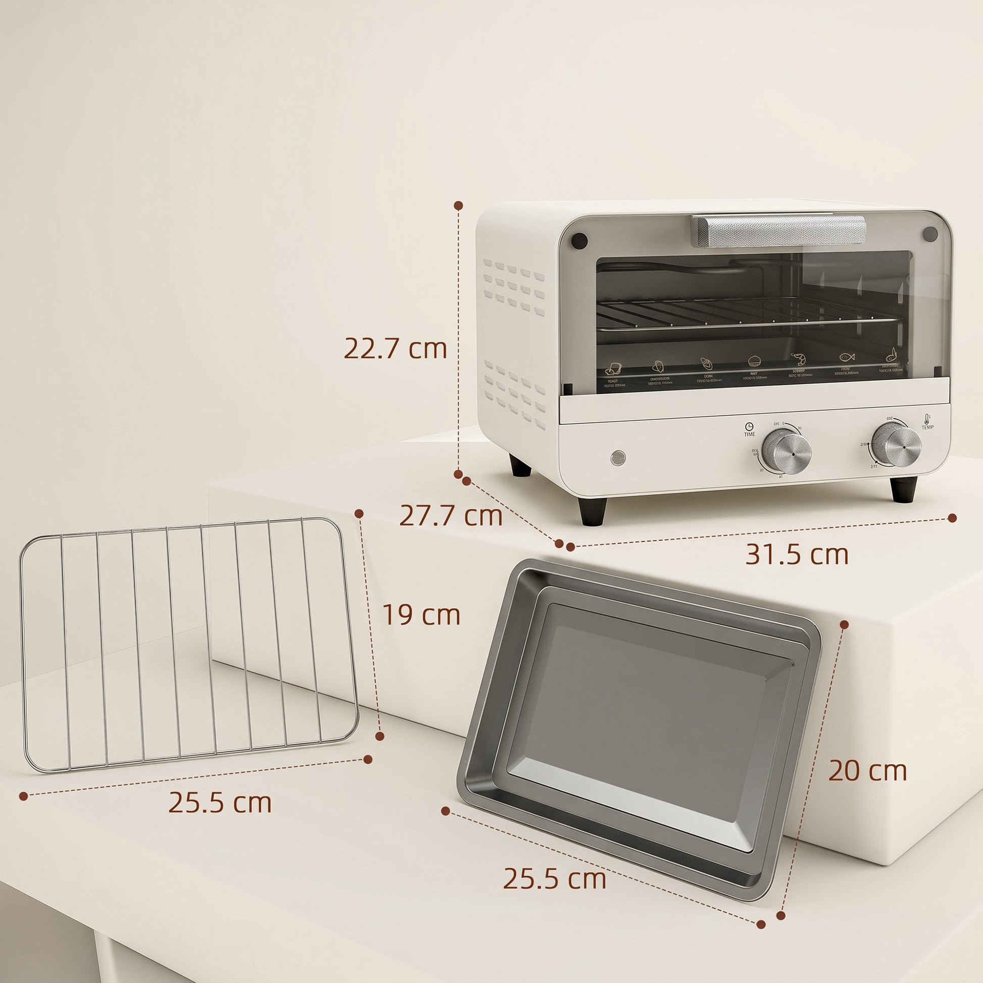 Small Toaster Oven, 12L Multifunction Mini Countertop Oven with Glass Door, Adjustable Temperature, Timer, Wire Rack & Baking Tray, 750W, Cream White
