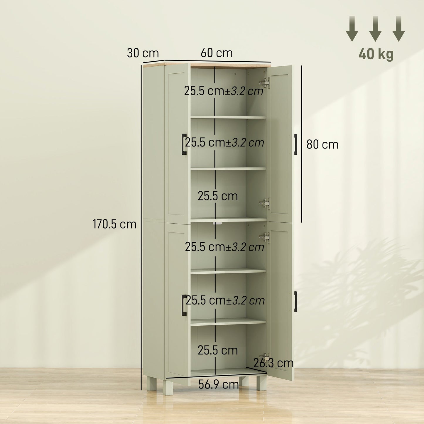 Freestanding Kitchen Cupboard, 4-Door Storage Cabinet with Adjustable Shelves, Modern Kitchen Pantry for Dining Room, 170cm, Green