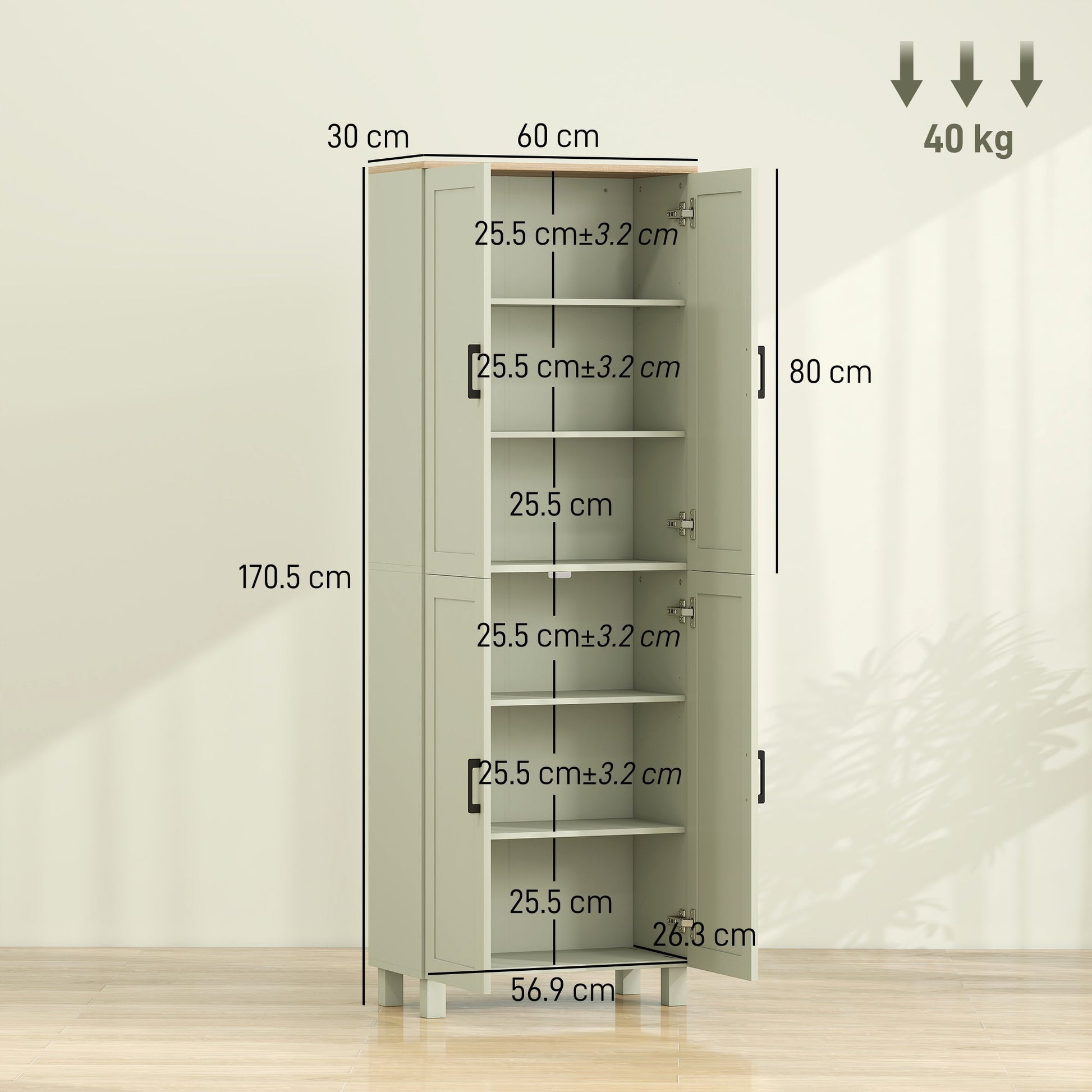 Freestanding Kitchen Cupboard, 4-Door Storage Cabinet with Adjustable Shelves, Modern Kitchen Pantry for Dining Room, 170cm, Green
