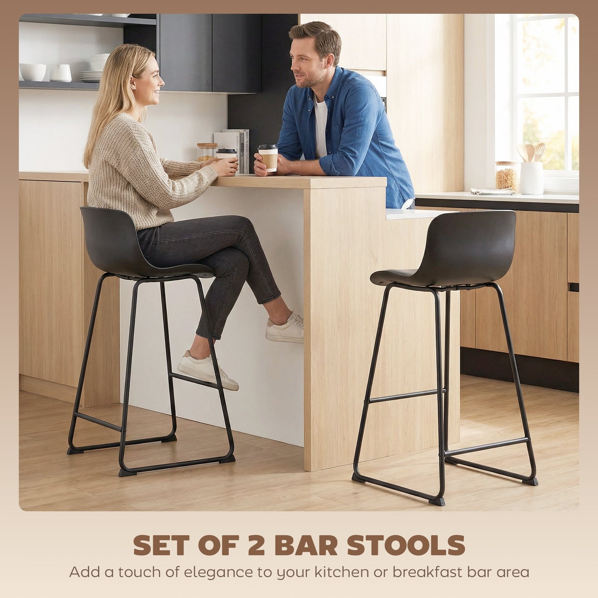Modern Bar Stools Set of 2, PU Leather Upholstered Barstools, Counter Height Kitchen Chairs with Footrest for Breakfast Bars, Dining Room, Black