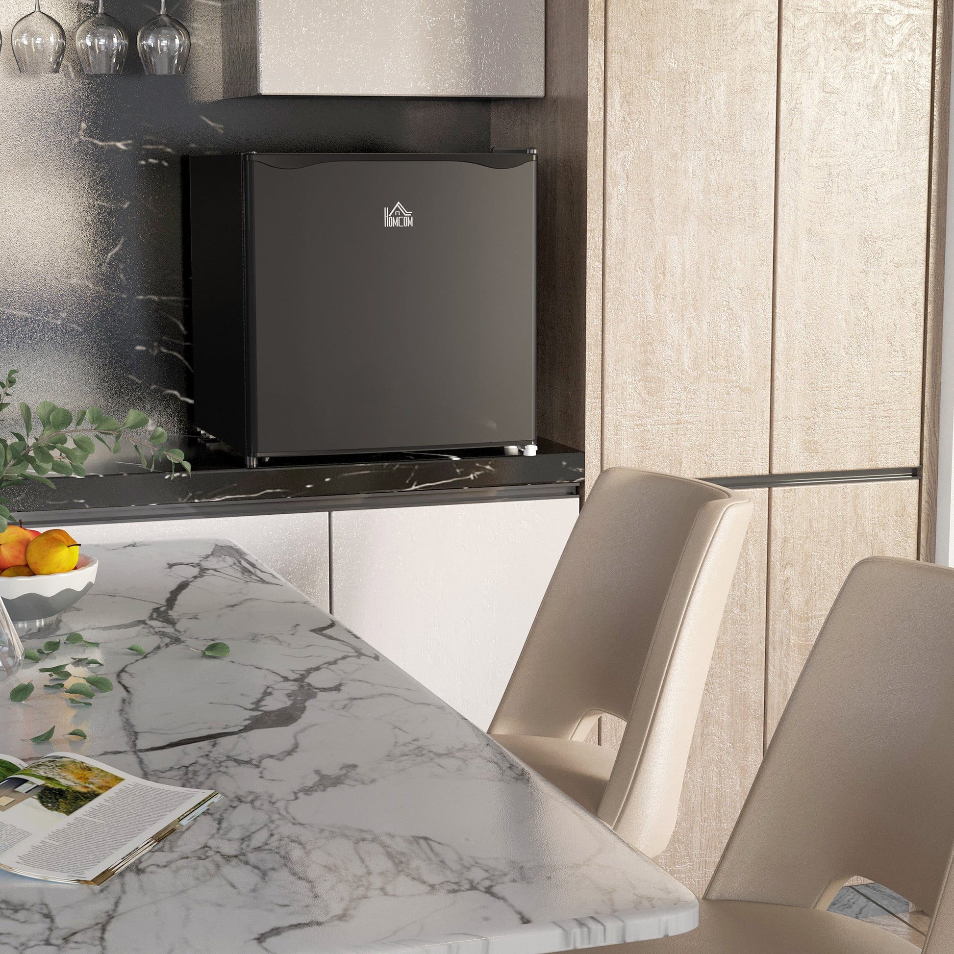 HOMCOM 46 Litre Table Top Mini Fridge, Small Fridge with Ice Box, Reversible Door, Adjustable Temperature and Legs, Mini Fridge for Bedrooms, Home Office, Black