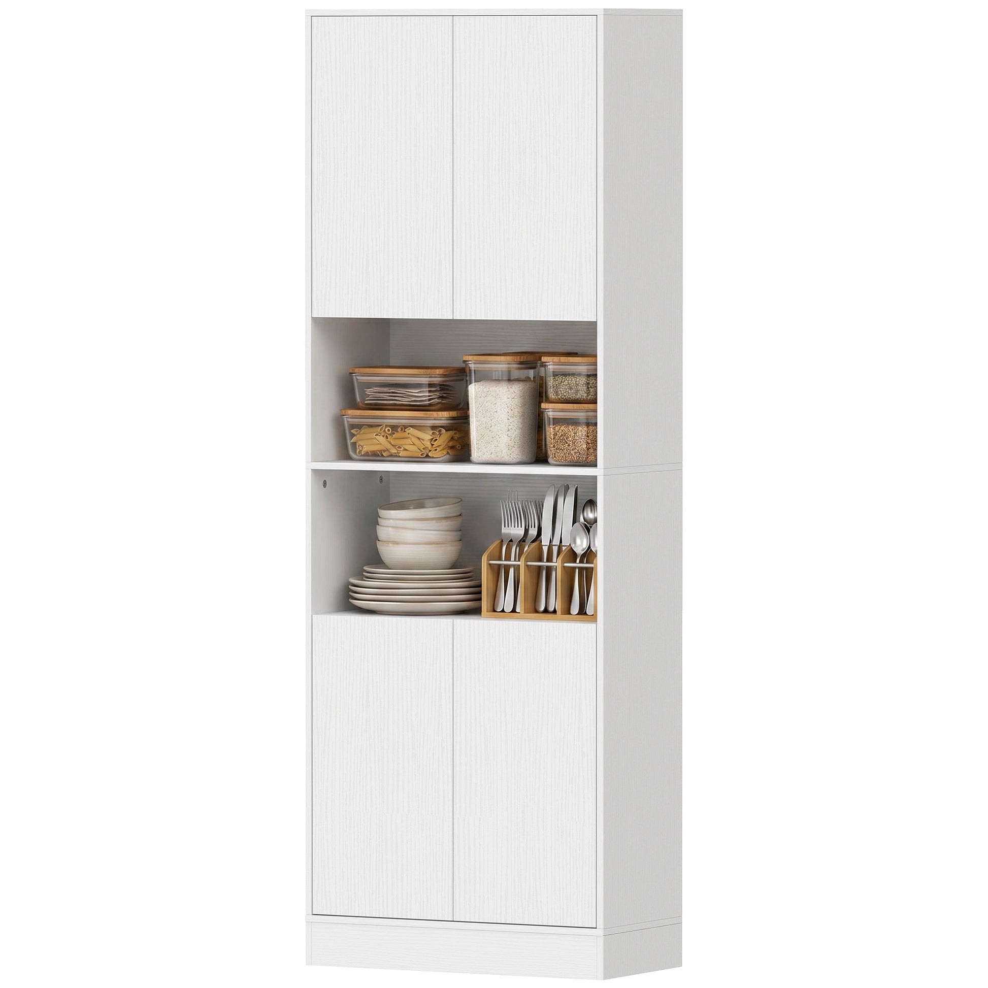 170 cm Tall Kitchen Cupboard, Pantry Storage Cabinet with Soft-Close Hinges, Freestanding Kitchen Cabinet with 2 Cupboards, 2 Open Shelves and Adjustable Shelves, White Wood Effect