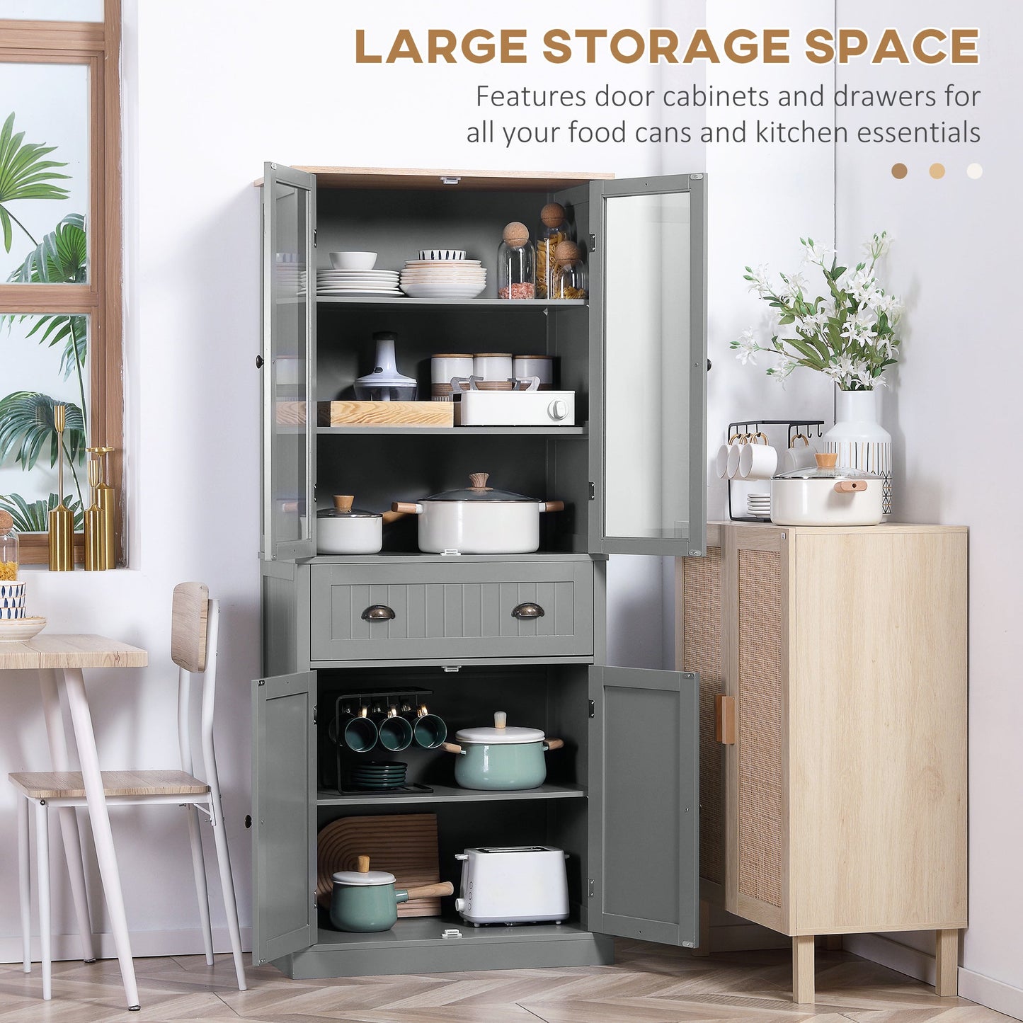 Freestanding Kitchen Cupboard, 5-tier Storage Cabinet with Adjustable Shelves and Drawer for Living Room, Dining Room, Grey