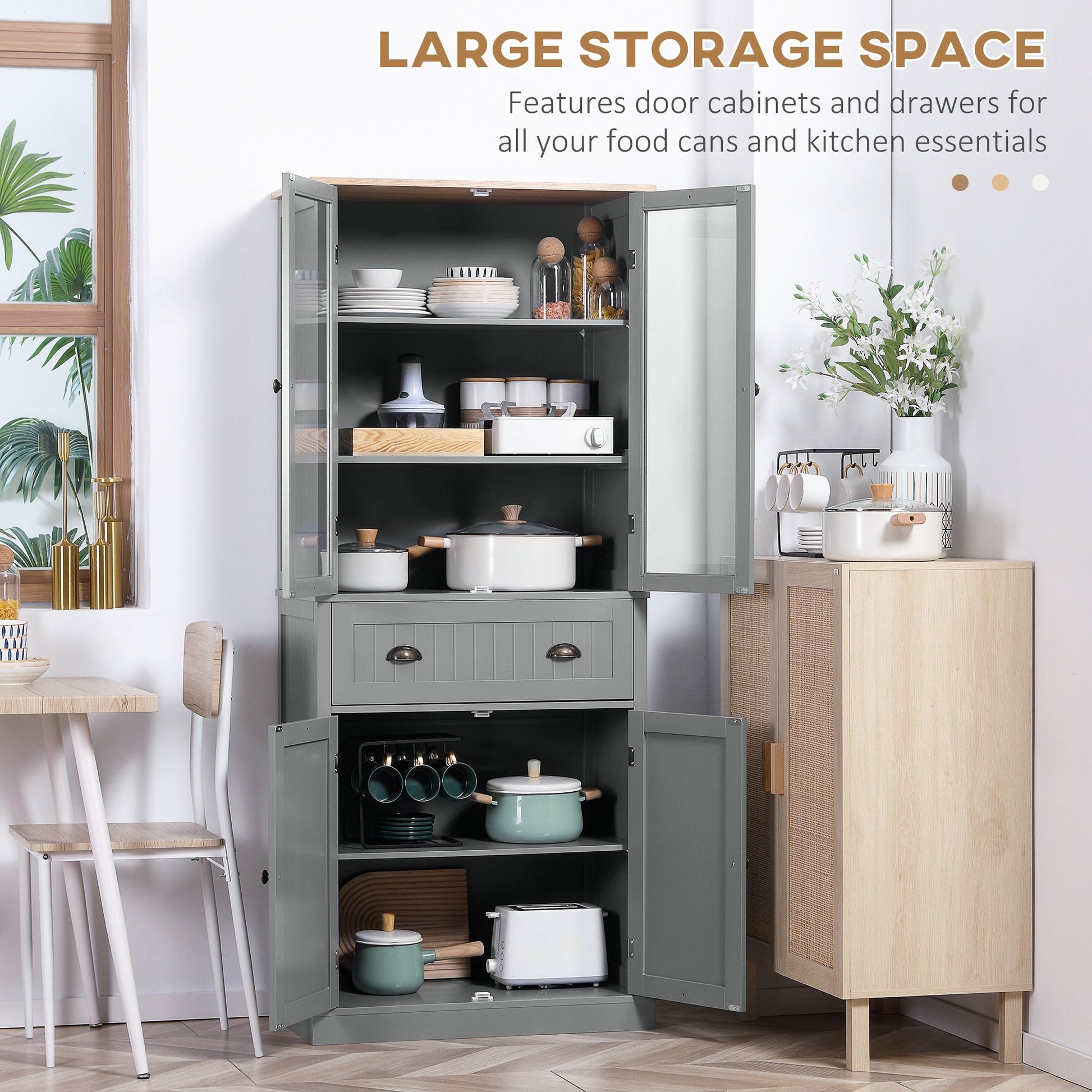 Freestanding Kitchen Cupboard, 5-tier Storage Cabinet with Adjustable Shelves and Drawer for Living Room, Dining Room, Grey