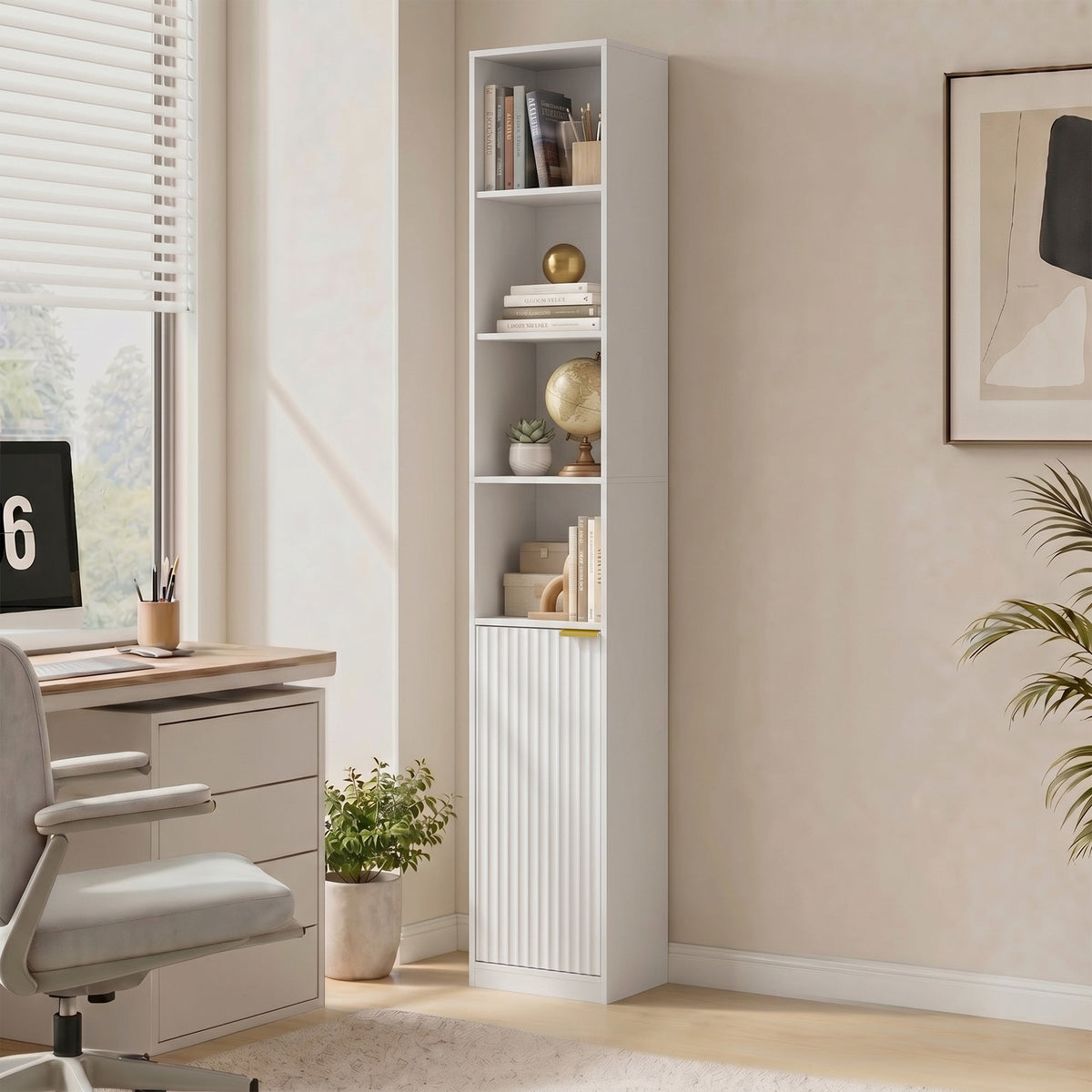 Bookcase, 6-Tier Tall Bookshelf, Open Book Shelf with Storage Cabinet and Adjustable Shelf, Anti-Tip Hardware for Living Room, Bedroom, Home Office, White Wood Effect