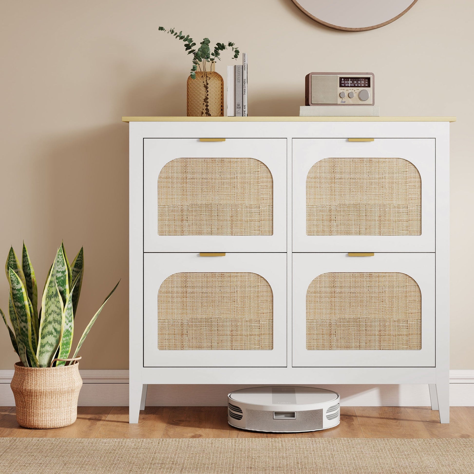 Shoe Storage Cabinet with 4 Flip Drawers, Boho Slim Shoe Cabinet with Rattan Doors for Entryway, Hallway, Holds 20 Pairs, White