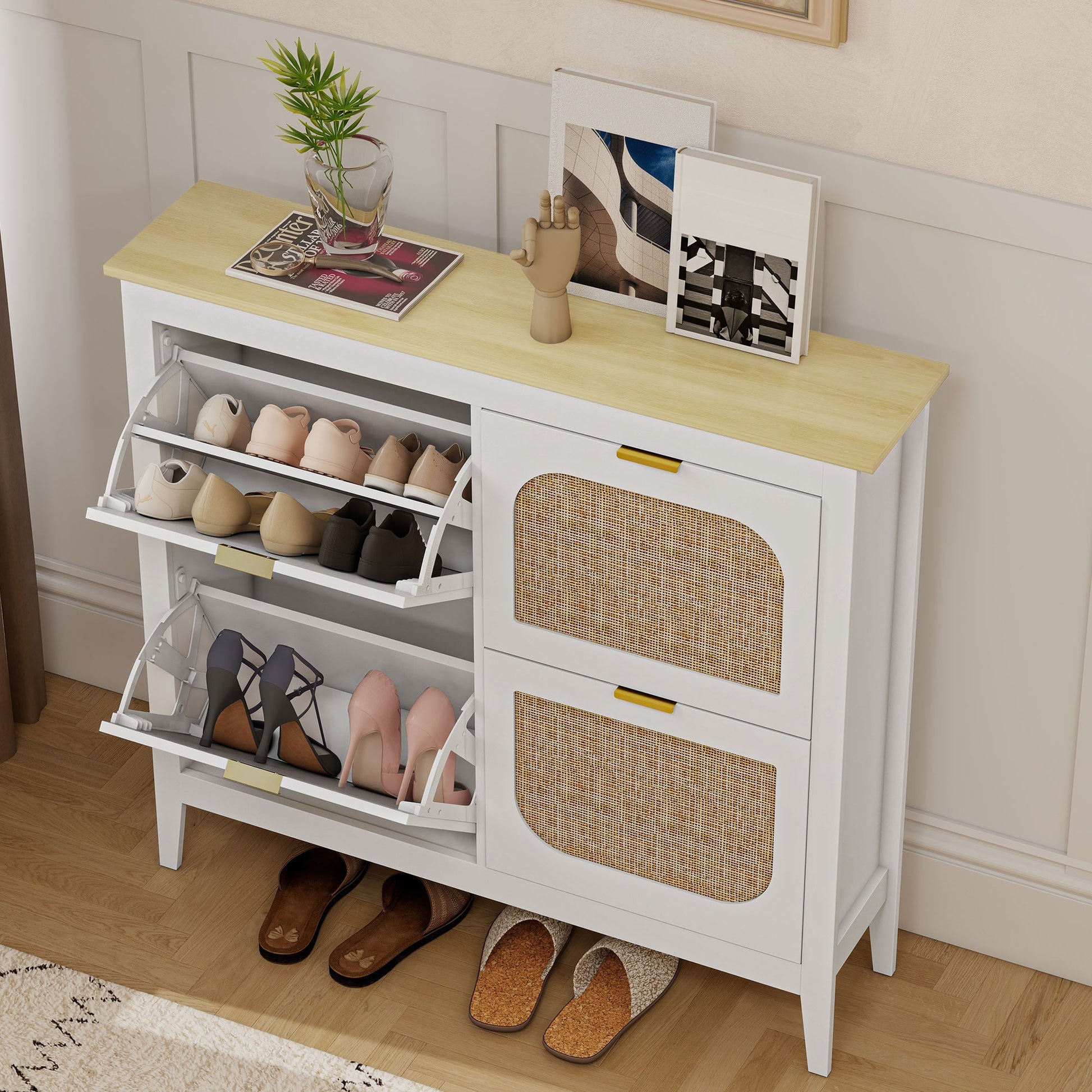 Shoe Storage Cabinet with 4 Flip Drawers, Boho Slim Shoe Cabinet with Rattan Doors for Entryway, Hallway, Holds 20 Pairs, White