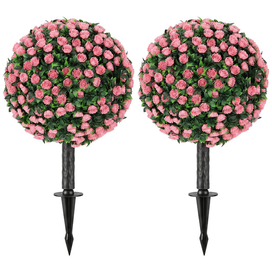 Set of 2 55 cm Artificial Rose Topiary with Ground Stake, UV-Resistant Fake Plants with 306 Roses and Leaves for Indoor Outdoor Home Office Garden Decor, Pink