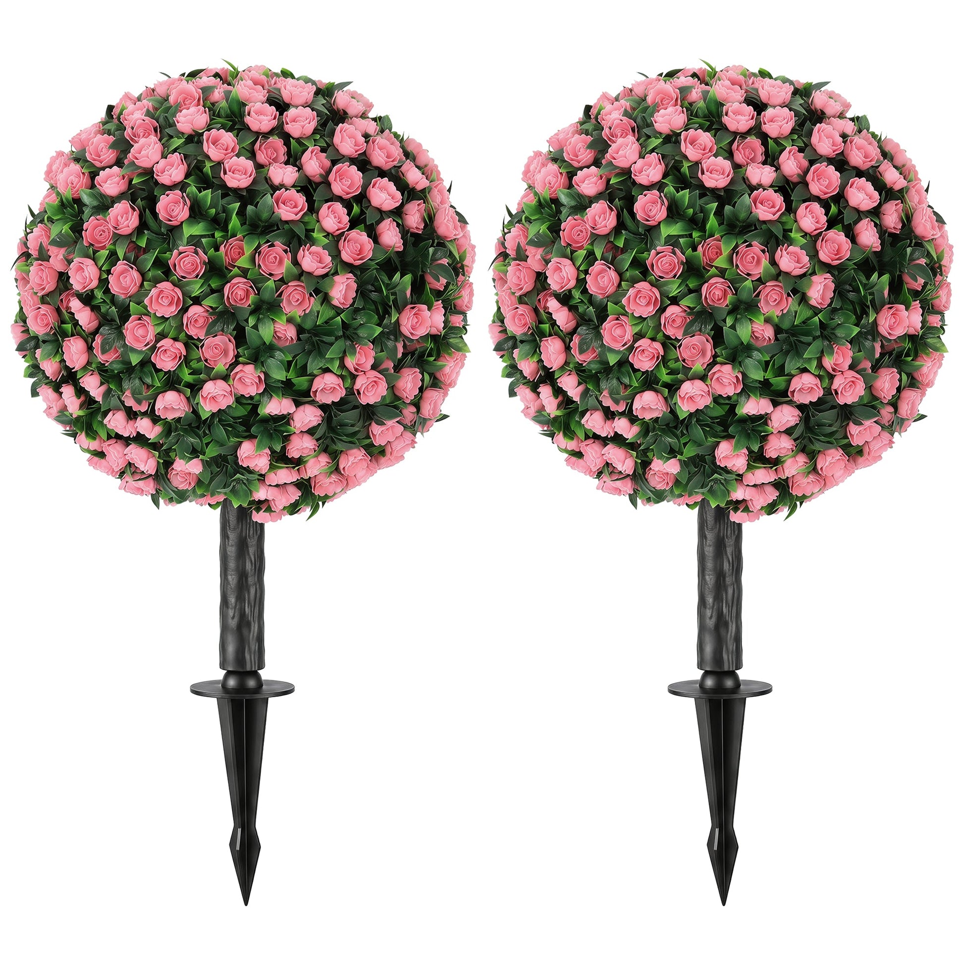 Set of 2 55 cm Artificial Rose Topiary with Ground Stake, UV-Resistant Fake Plants with 306 Roses and Leaves for Indoor Outdoor Home Office Garden Decor, Pink