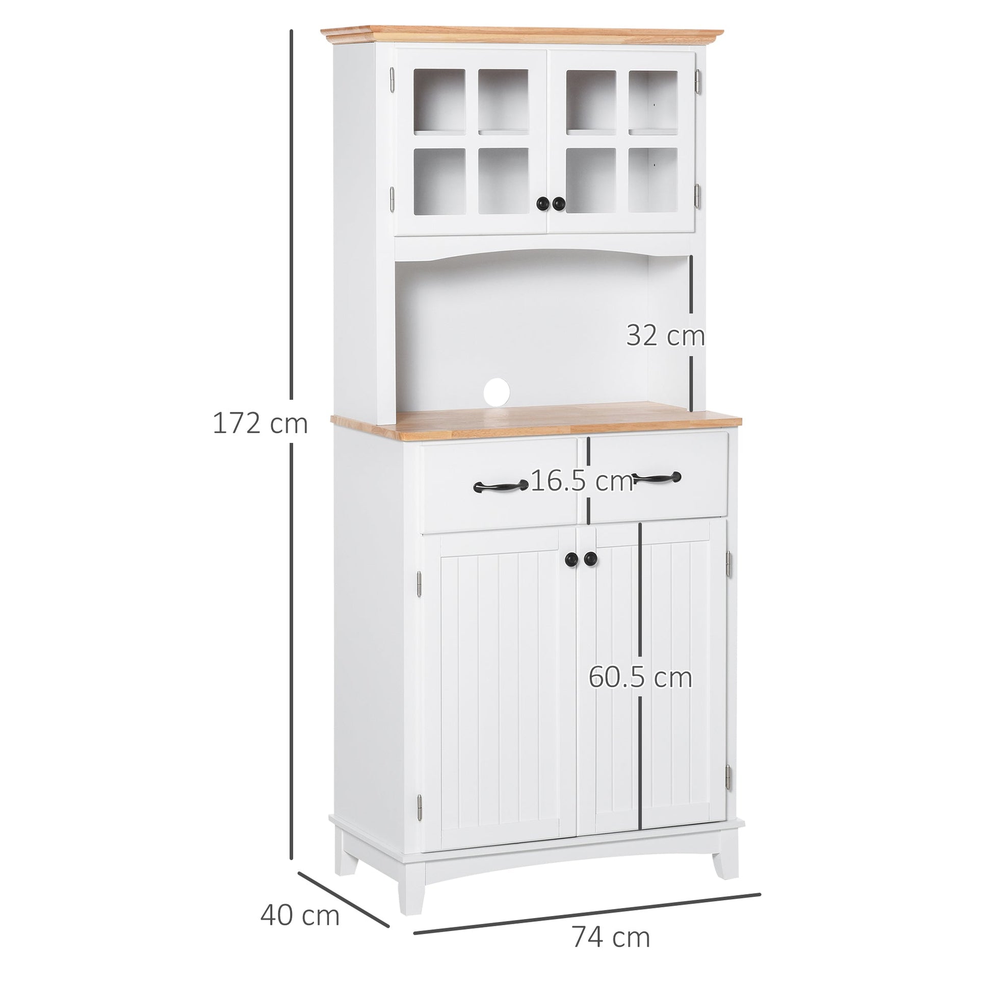 Freestanding Kitchen Cupboard, Kitchen Storage Cabinet with Framed Glass Doors, 2 Drawers, Microwave Counter, 172cm, White