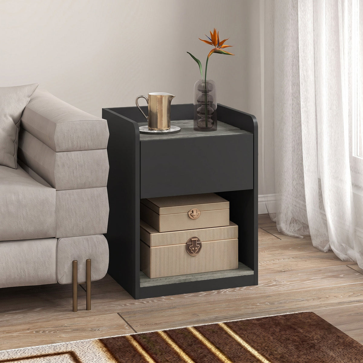 Modern Bedside Table, Slim Nightstand with Drawer, Shelf and Cable Holes, Bedside Cabinet for Bedroom, Living Room, Black and Grey Wood Effect