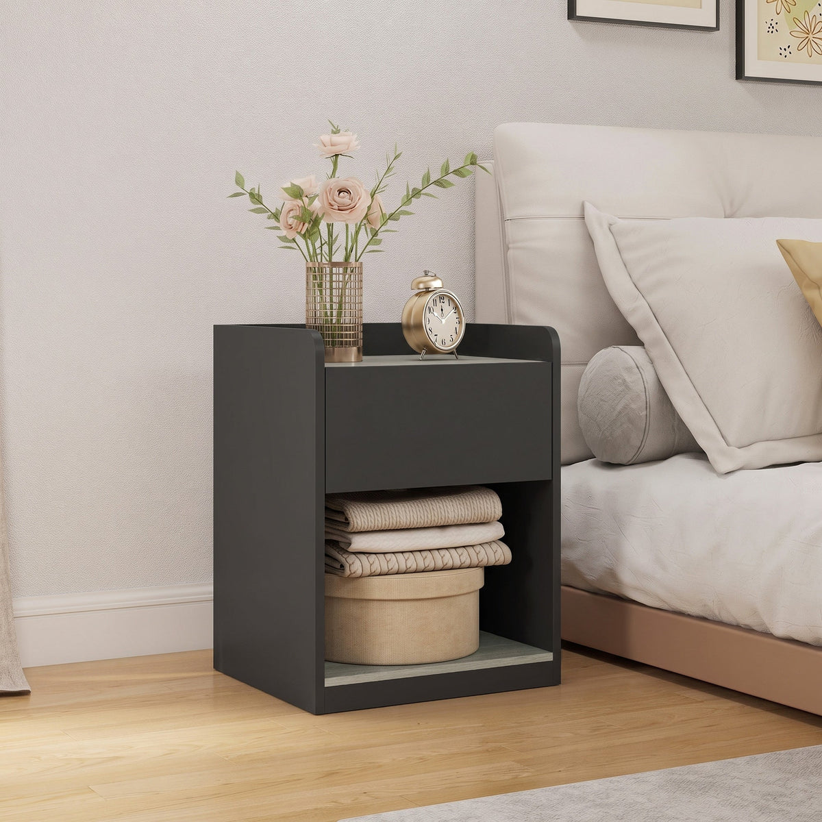 Modern Bedside Table, Slim Nightstand with Drawer, Shelf and Cable Holes, Bedside Cabinet for Bedroom, Living Room, Black and Grey Wood Effect