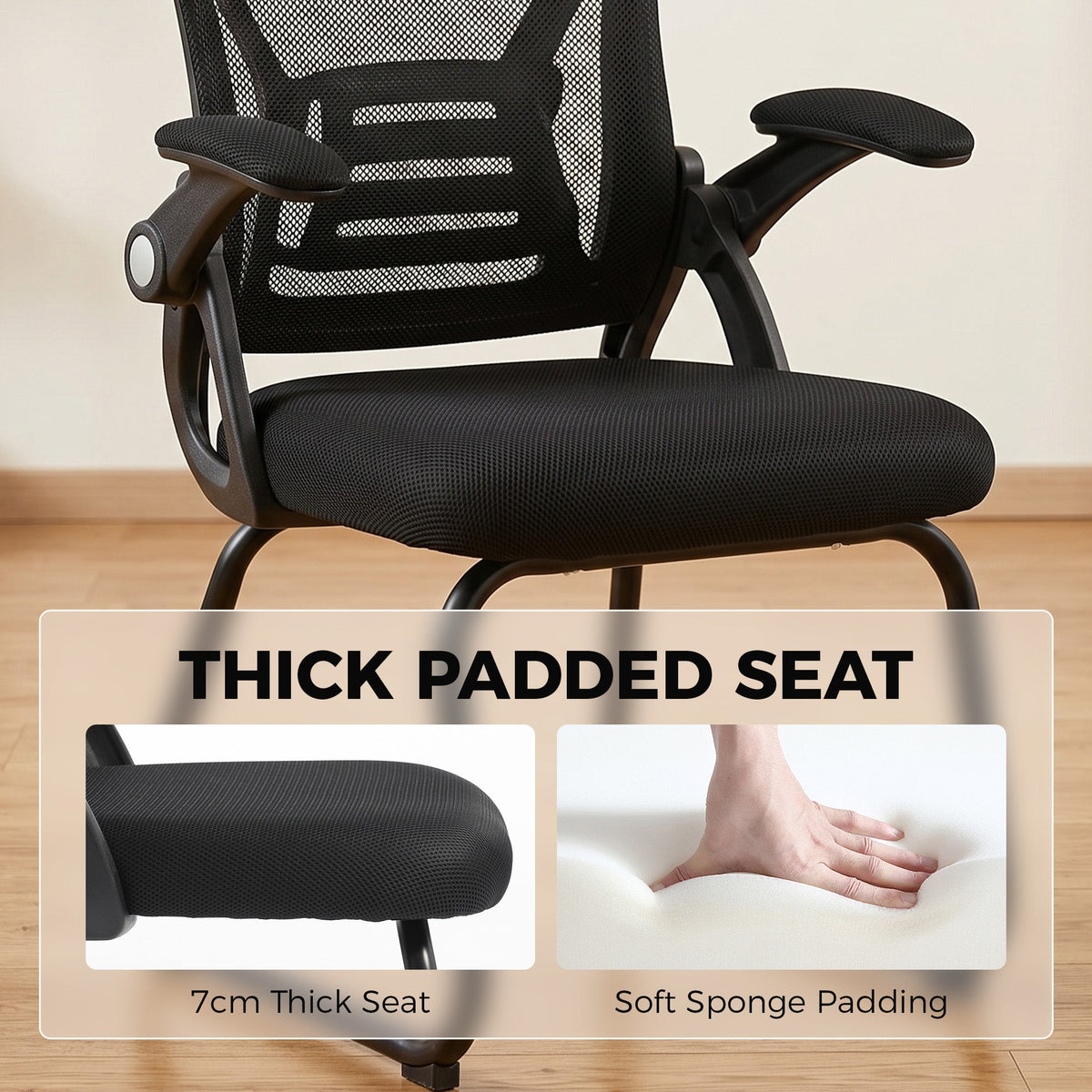 Desk Chair No Wheels with Flip-up Armrests, Mesh Office Chair with Steel Legs for Home Conference Room, Bedroom, Waiting, Reception, Black