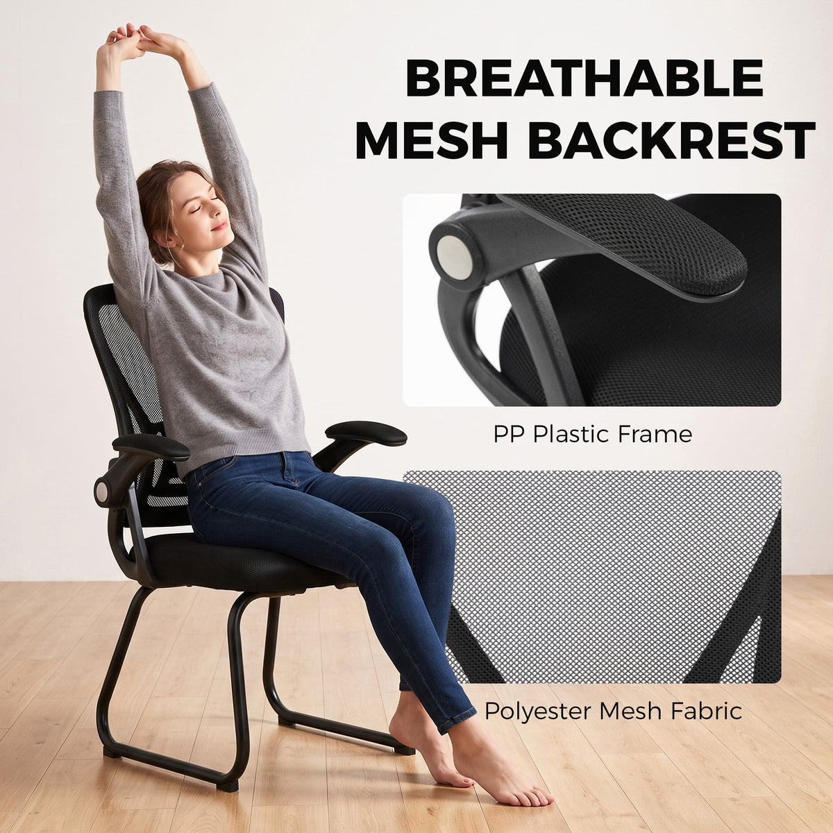 Desk Chair No Wheels with Flip-up Armrests, Mesh Office Chair with Steel Legs for Home Conference Room, Bedroom, Waiting, Reception, Black