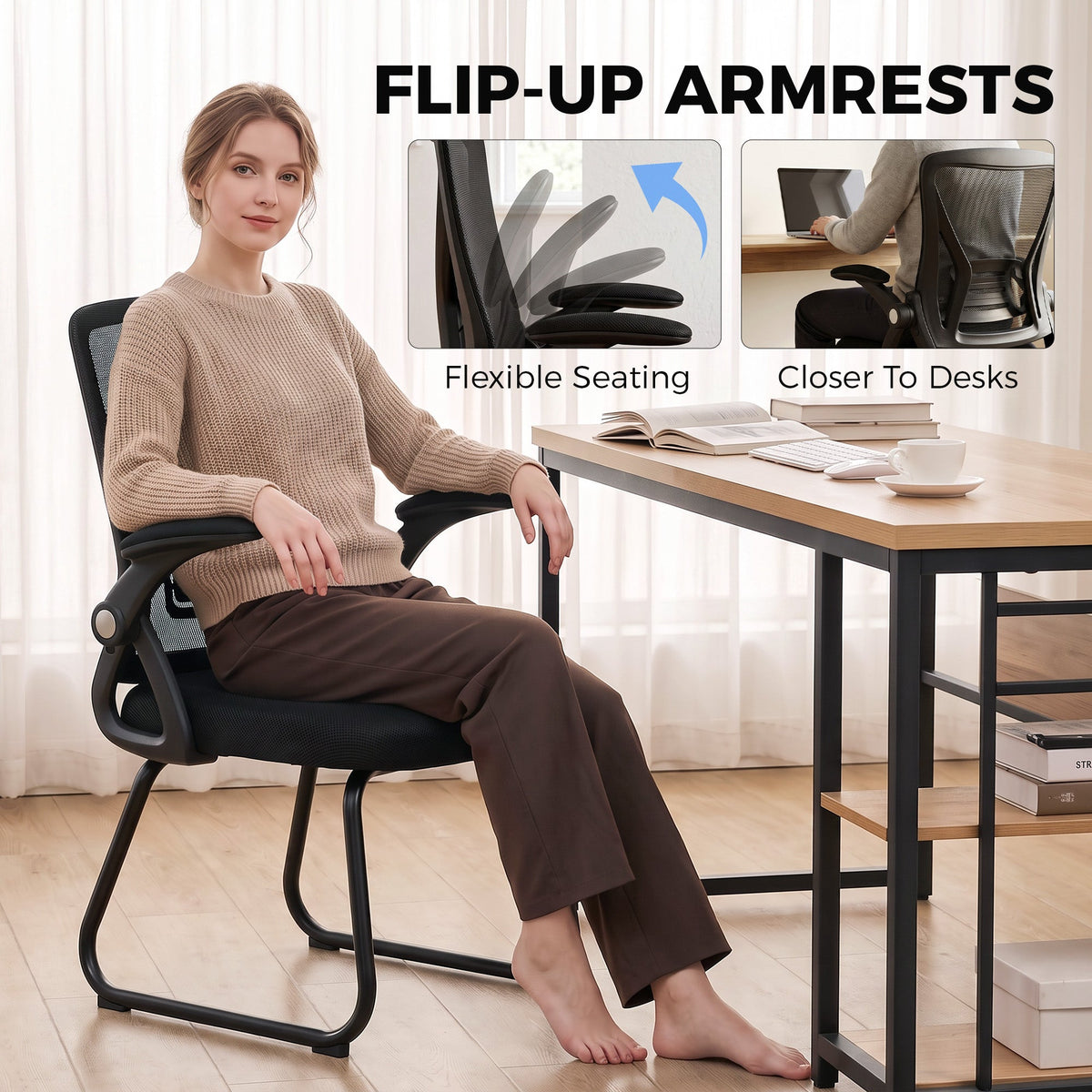 Desk Chair No Wheels with Flip-up Armrests, Mesh Office Chair with Steel Legs for Home Conference Room, Bedroom, Waiting, Reception, Black