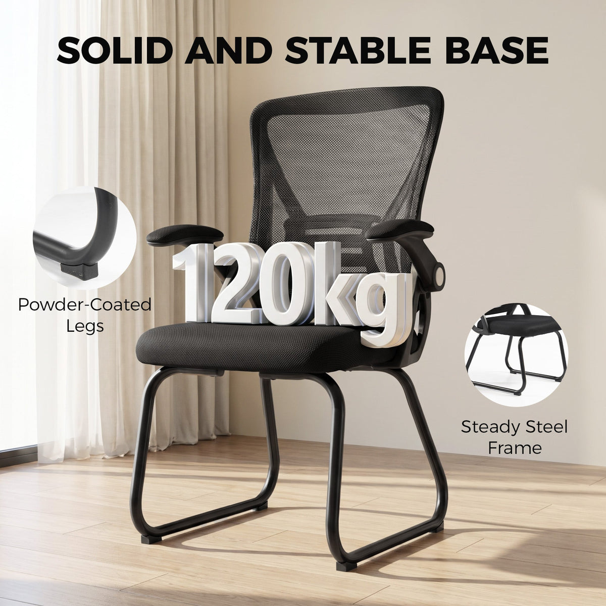 Desk Chair No Wheels with Flip-up Armrests, Mesh Office Chair with Steel Legs for Home Conference Room, Bedroom, Waiting, Reception, Black