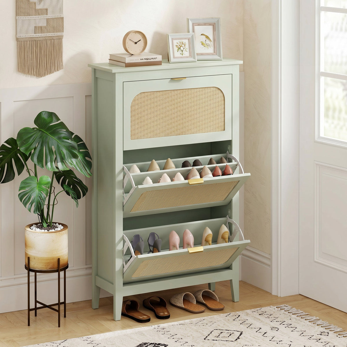 Shoe Storage Cabinet with 3 Flip Drawers, Boho Slim Shoe Cabinet with Rattan Doors for Entryway, Hallway, Holds 21 Pairs, Light Green