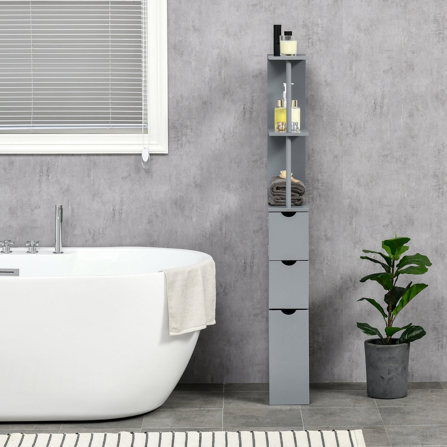 HOMCOM Tall Bathroom Cabinet, Freestanding Bathroom Storage Cabinet with 2-Tier Shelf and Drawers, Narrow Cupboard Storage Unit, Grey