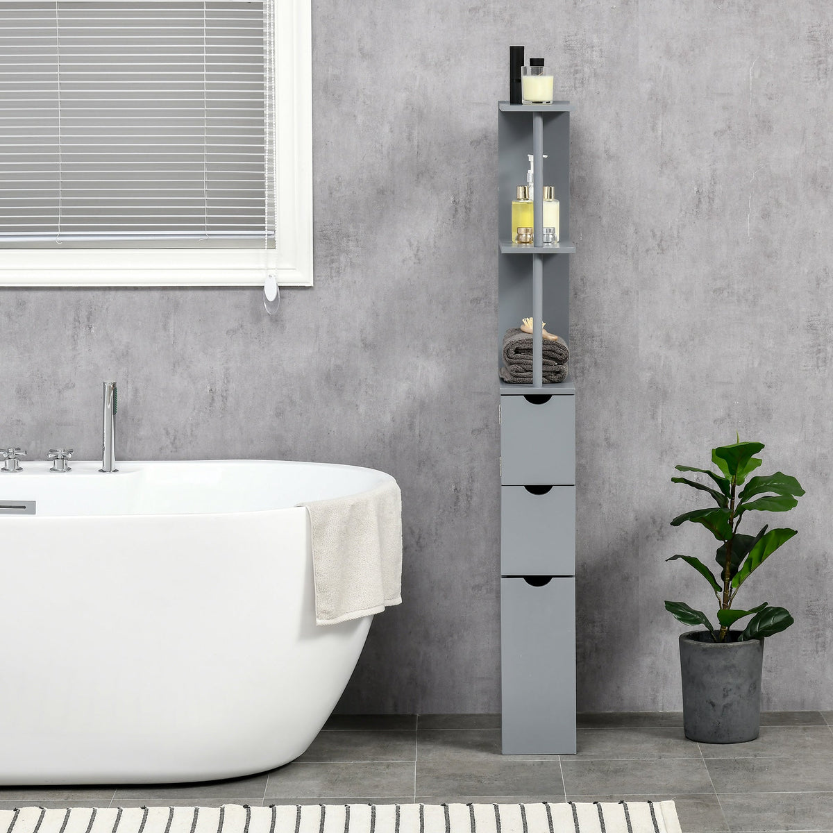 HOMCOM Tall Bathroom Cabinet, Freestanding Bathroom Storage Cabinet with 2-Tier Shelf and Drawers, Narrow Cupboard Storage Unit, Grey